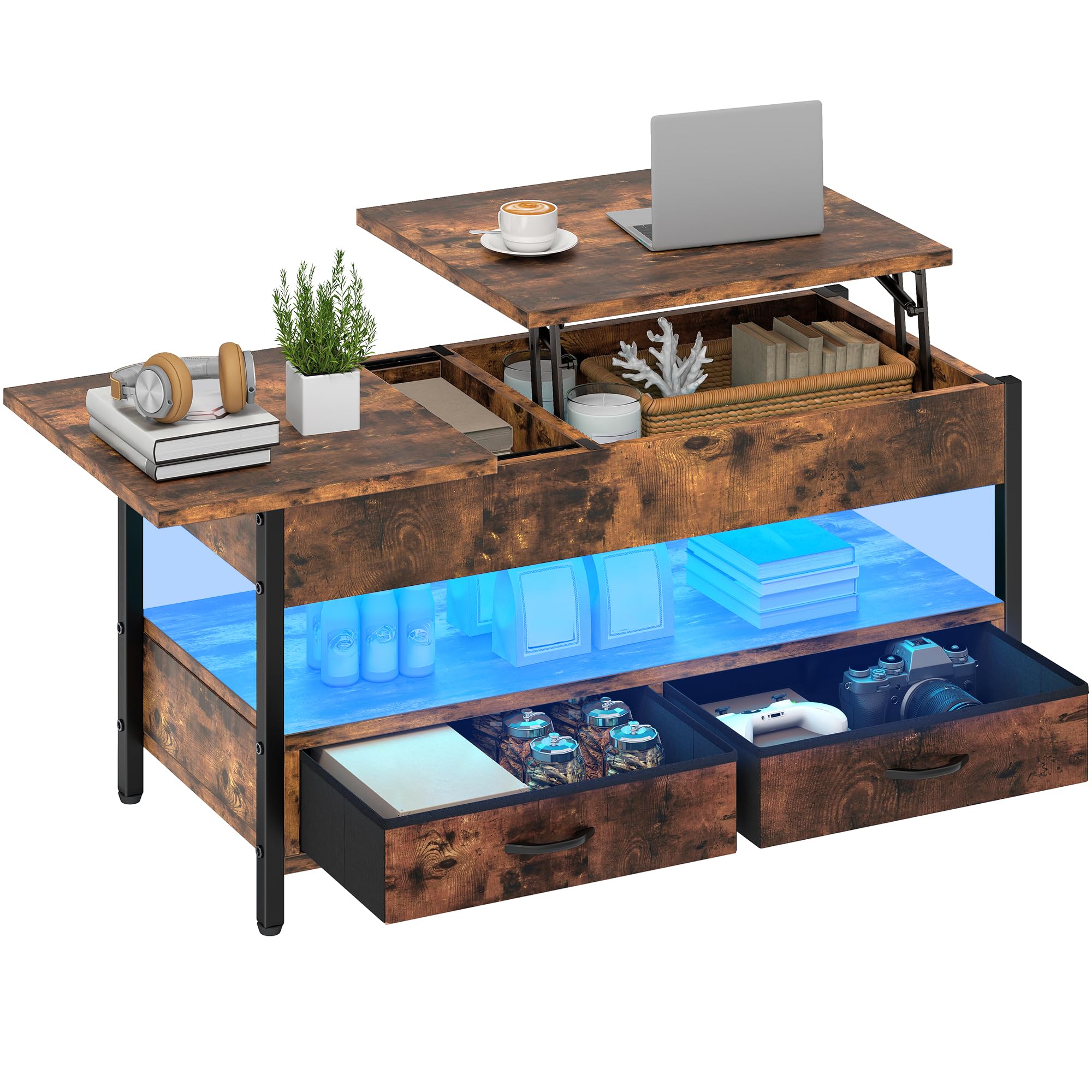 YITAHOME Couchtisch Höhenverstellbar, Wohnzimmertisch mit Verstecktem Ablagefach für für Wohnzimmer, Büro, couchtisch mit stauraum und 2 Schublade und LED-Lichtleiste 106 x50x51,5cm