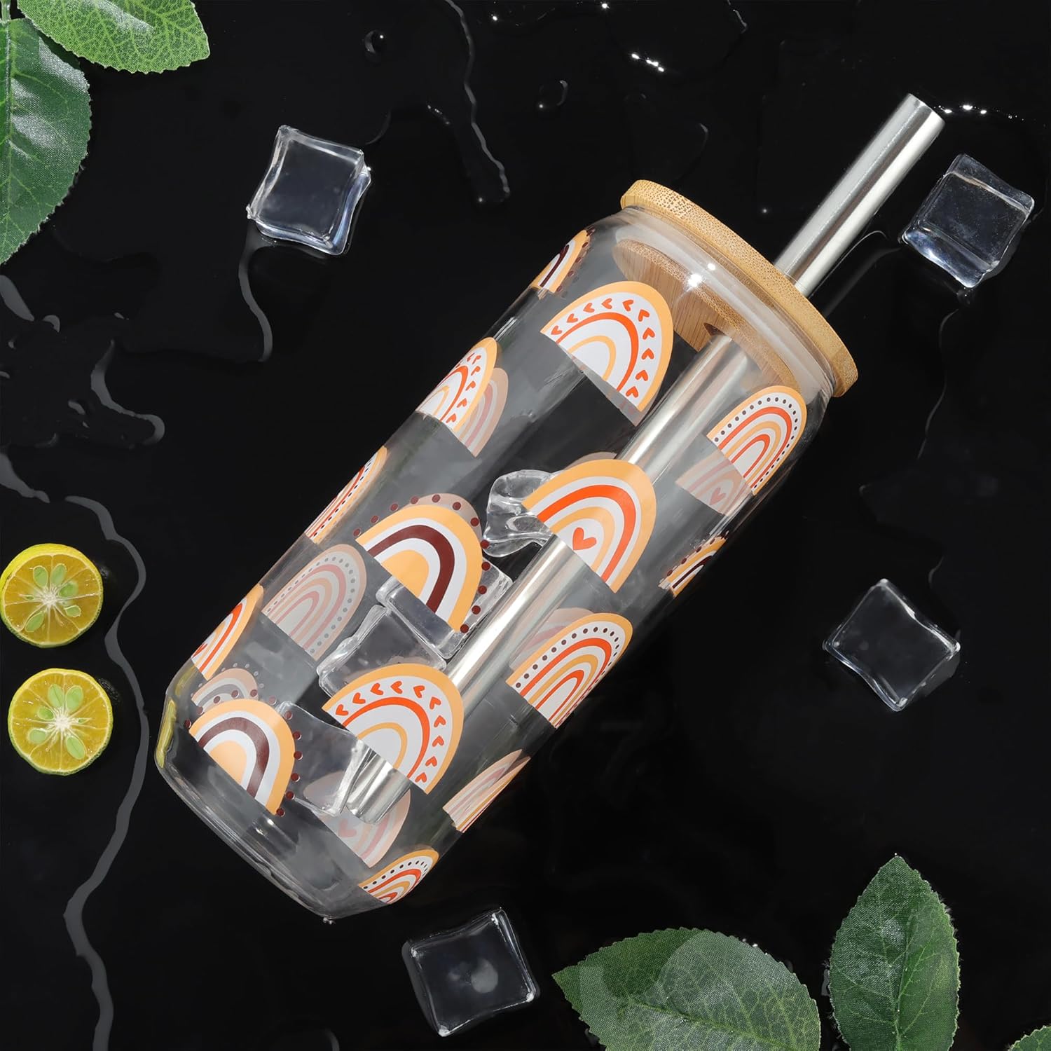 Joeyan 20 oz Glass Cups with Bamboo Lids and Straws,Boho Can Shaped Beer Drinking Glasses,Gifts for Women,Cute Iced Coffee Tumbler with Colored Rainbow Pattern,Cocktail Smoothie Tea Soda Glassware - Image 2