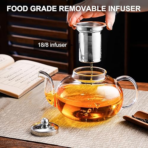 Miniatura 6 de PARACITY Tetera de vidrio de 40 onzas/40.6 fl oz, hervidor de té transparente de borosilicato con infusor de acero inoxidable 18/8 extraíble, tetera