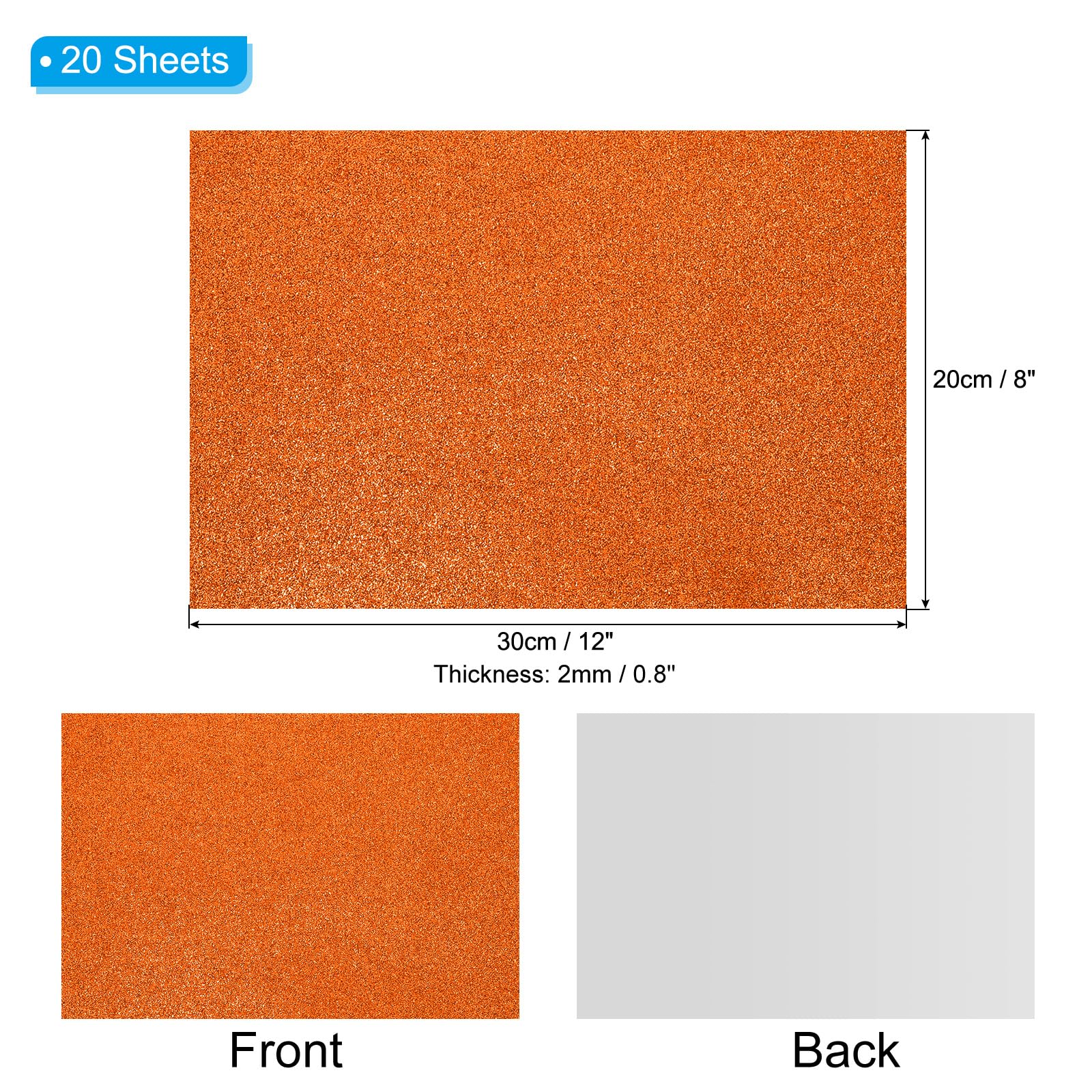 PATIKIL Foglio Schiuma Glitterata Eva Arancione 11" x 8" Spesso 2mm Spessore Eva Schiuma Adesivi Fogli Gomma Feltro Glitterato Scintillante per Progetti Fai da Te, 20Pz