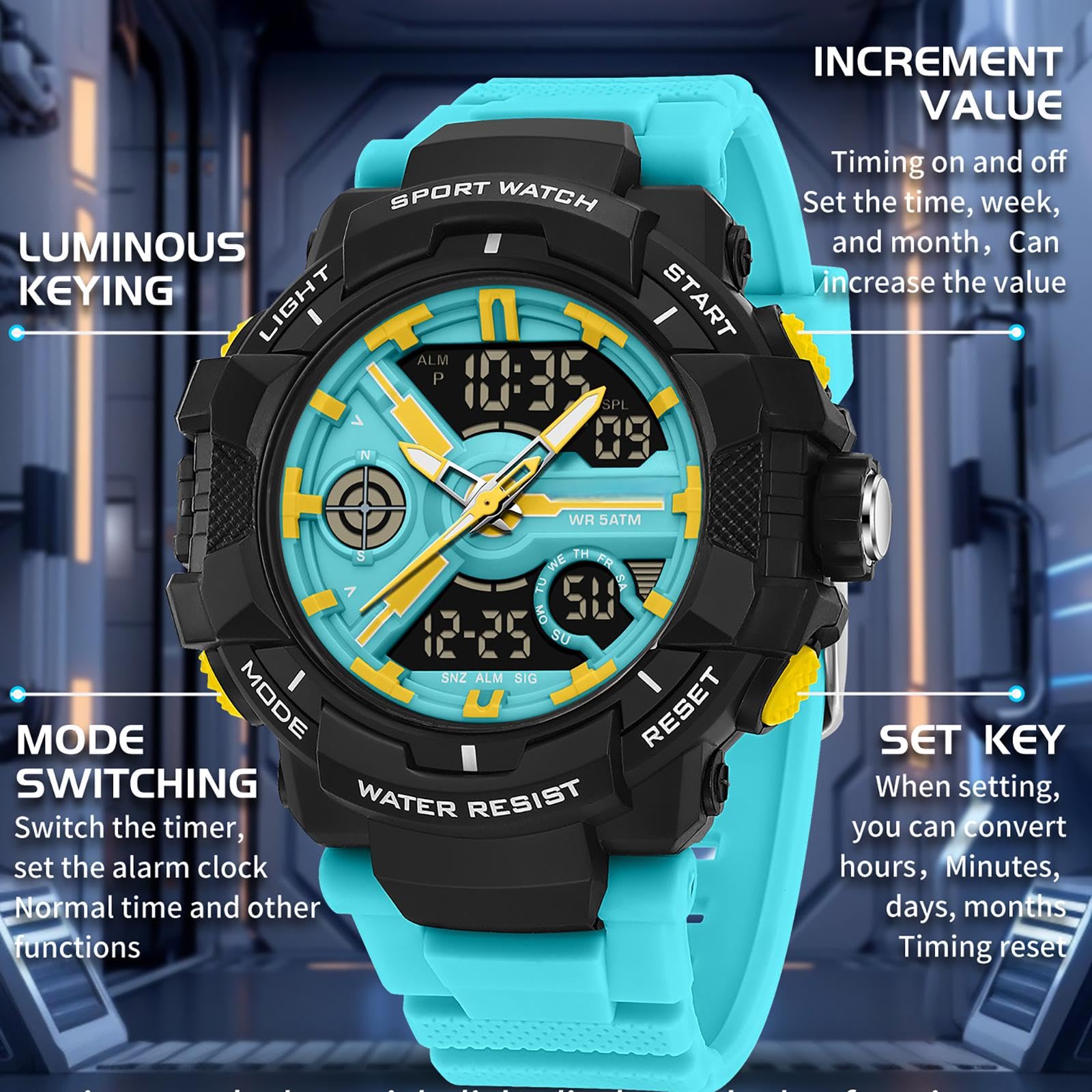 Relojes coloridos para hombre, para deportes al aire libre, resistente al agua, con alarma LED, fecha, doble dial y cronómetro