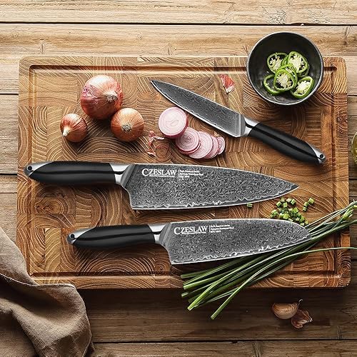 Miniatura 3 de Juego de 3 cuchillos de cocina japoneses de damasco, cuchillo de chef profesional afilado negro, uso de forja de acero de damasco premium, con mango
