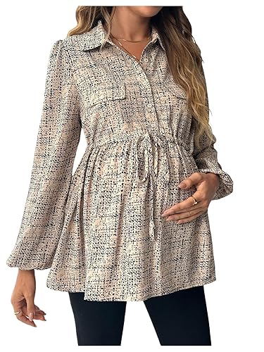 MAKEMECHIC Women's Maternity Blouse Long Sleeve Belted Button Down Casual