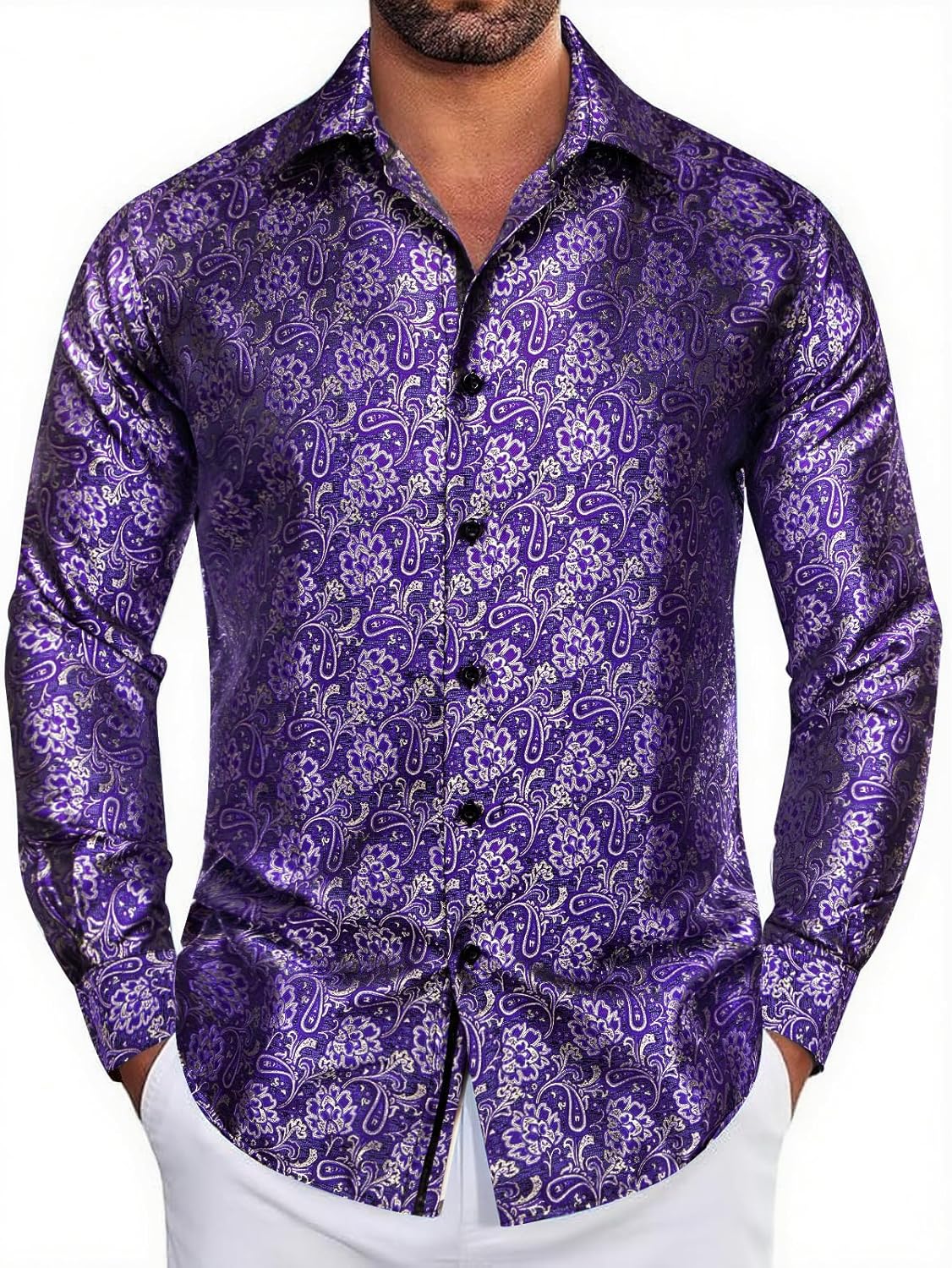 Mens Silk Paisley Dress Shirt Floral Button Down Shirt Jacquard Long Sleeve Regular Causal Wedding Party Prom Luxury - Image 2