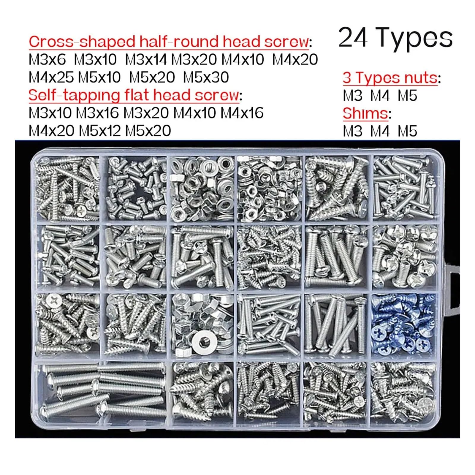 Schraubensatz Mit Muttern, Kappen, Schrauben, Unterlegscheiben, Selbstschneidendem Set M2, M3, M4, M5, M6 – Heimwerker-Werkzeugkasten-Kollektion(24 types-C-296Pcs)