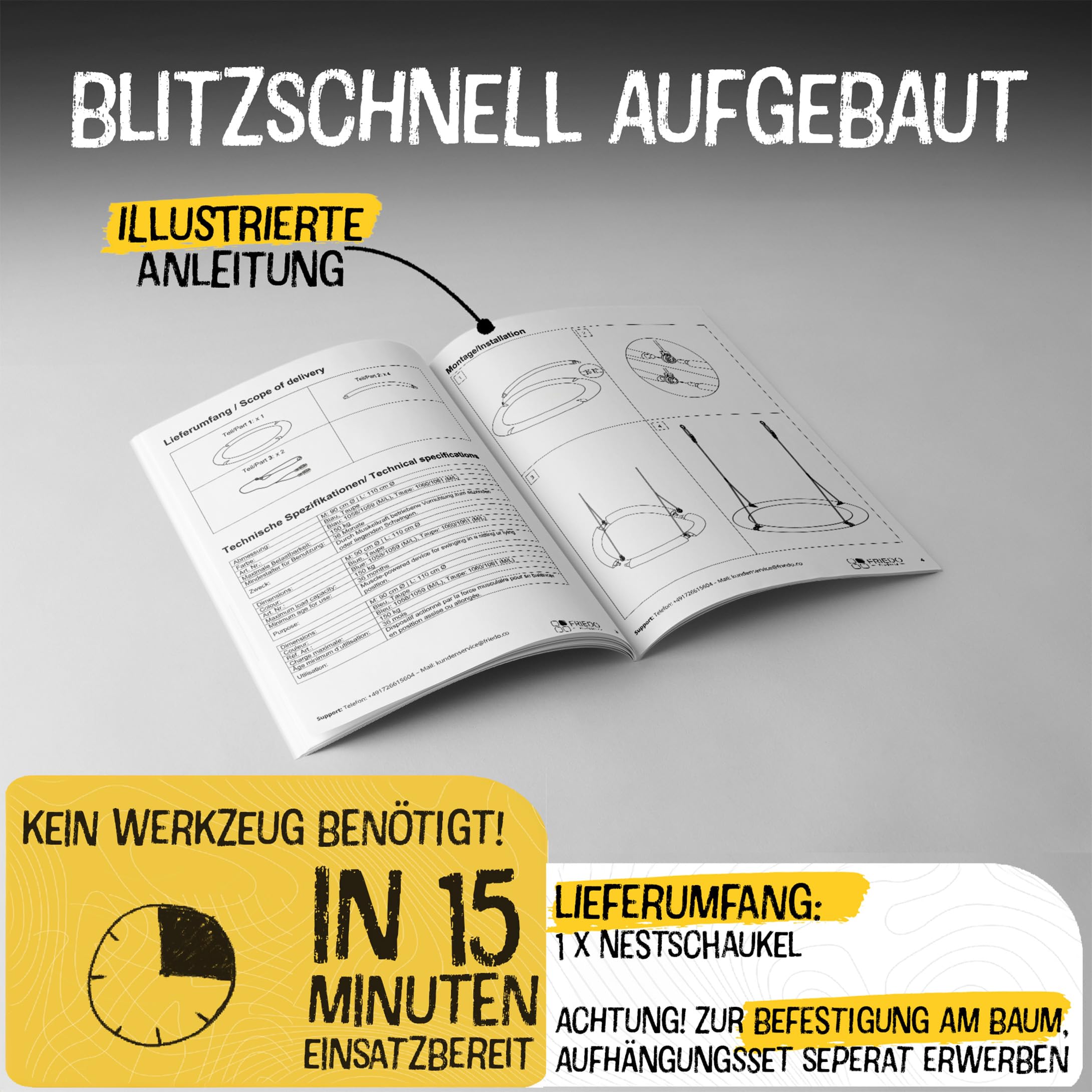 FRIEDO Nestschaukel Outdoor 90/110 cm I Netzschaukel bis 150 kg I Wasserabweisend & UV-beständiger Bezug I Höhenverstellbar I Rostfreier Stahlrahmen I Kein Ausbleichen I Korbschaukel schnell montiert