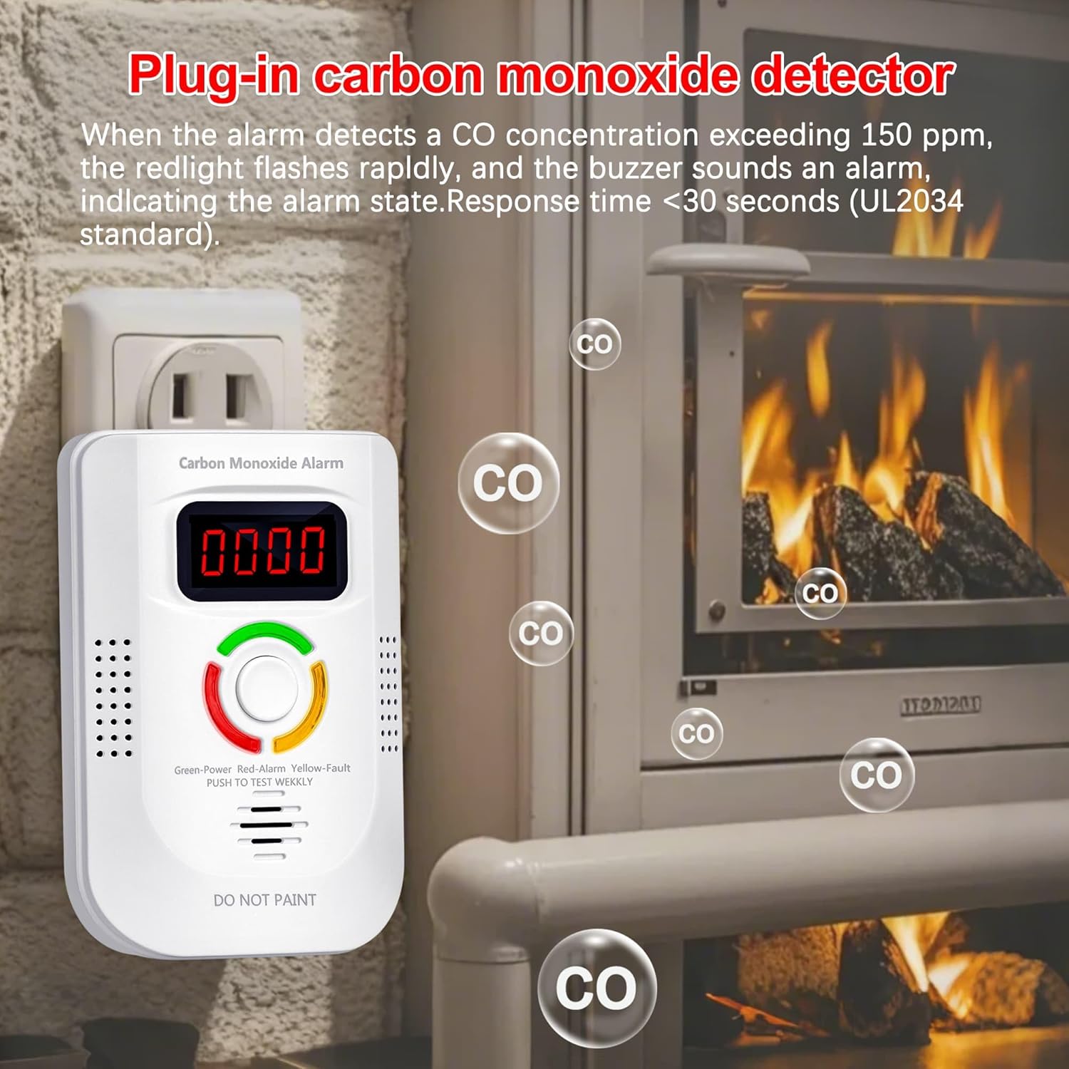 Pumwry carbon monoxide detector plugged into a wall outlet near a fireplace