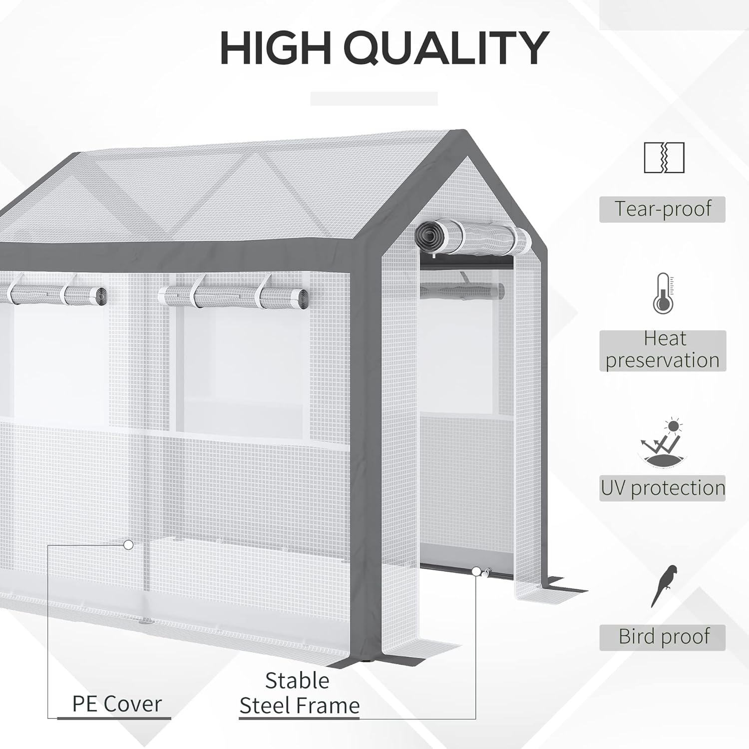 Greenhouse cover highlighting tear-proof, heat preservation, and UV protection features