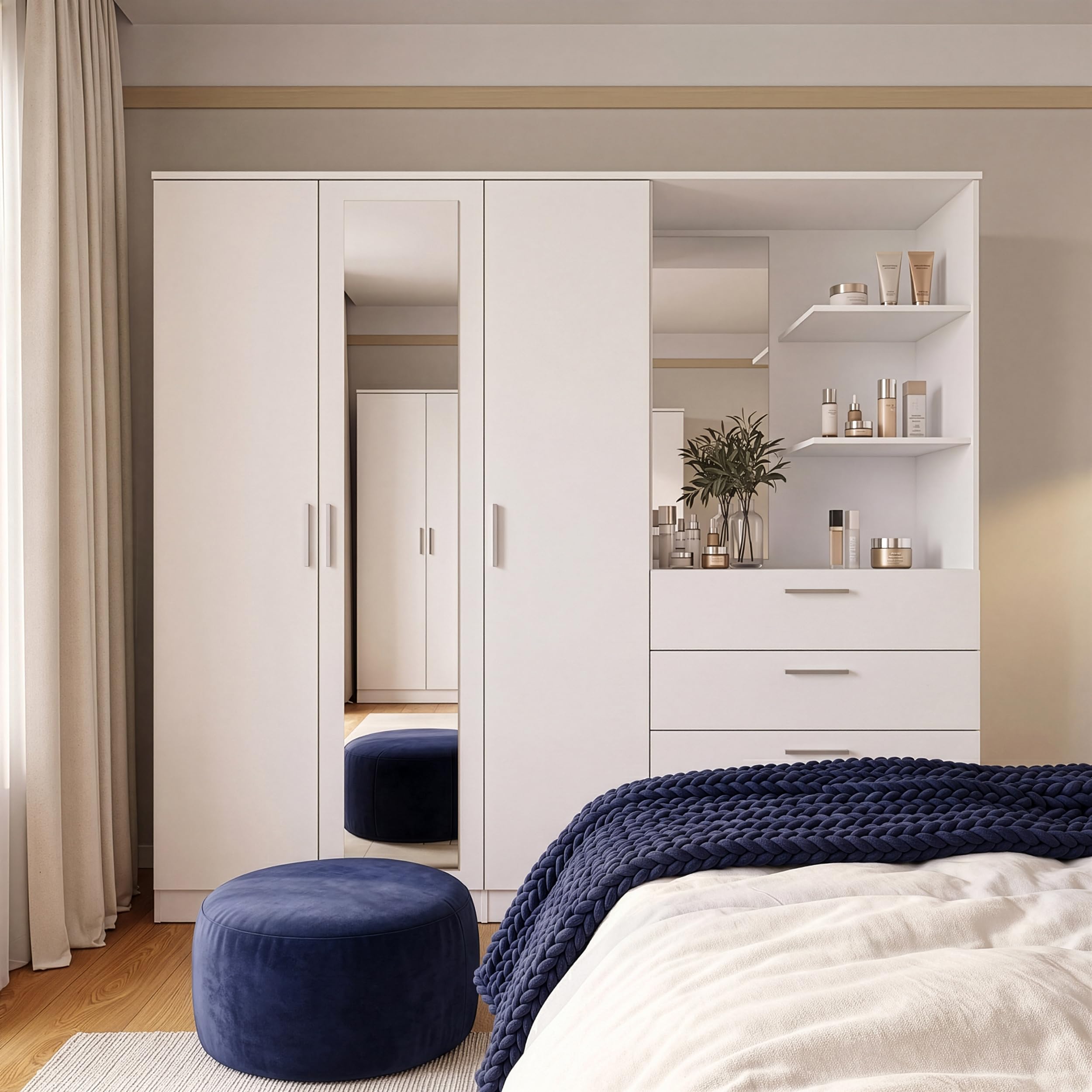 Forte Panama Kleiderschrank 200, modern-minimalistischer Kleiderschrank mit Regalkommode, 3-türig, 4 Schubladen, 2 Spiegel, Holzwerkstoff, Weiß, 199 cm breit x 181 cm hoch x 52,7 cm tief