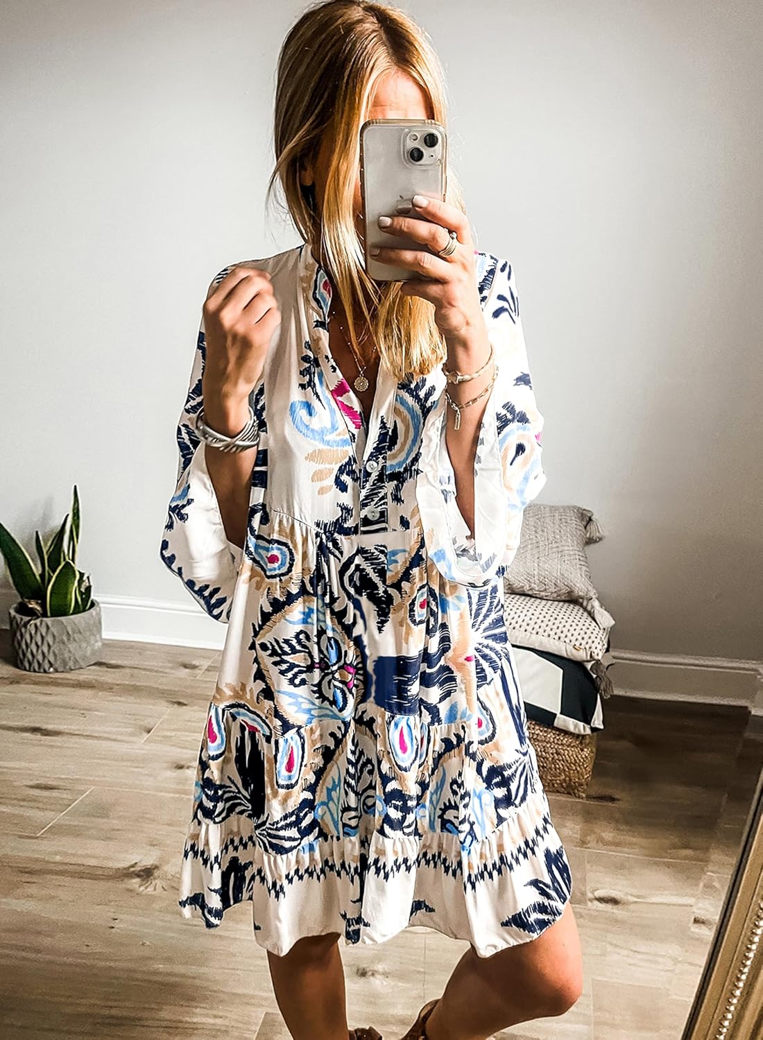 miduo Womens Summer Dress Casual V Neck Buttoned 3/4 Sleeve Bohemian Tribal Print Flowy Mini Dresses