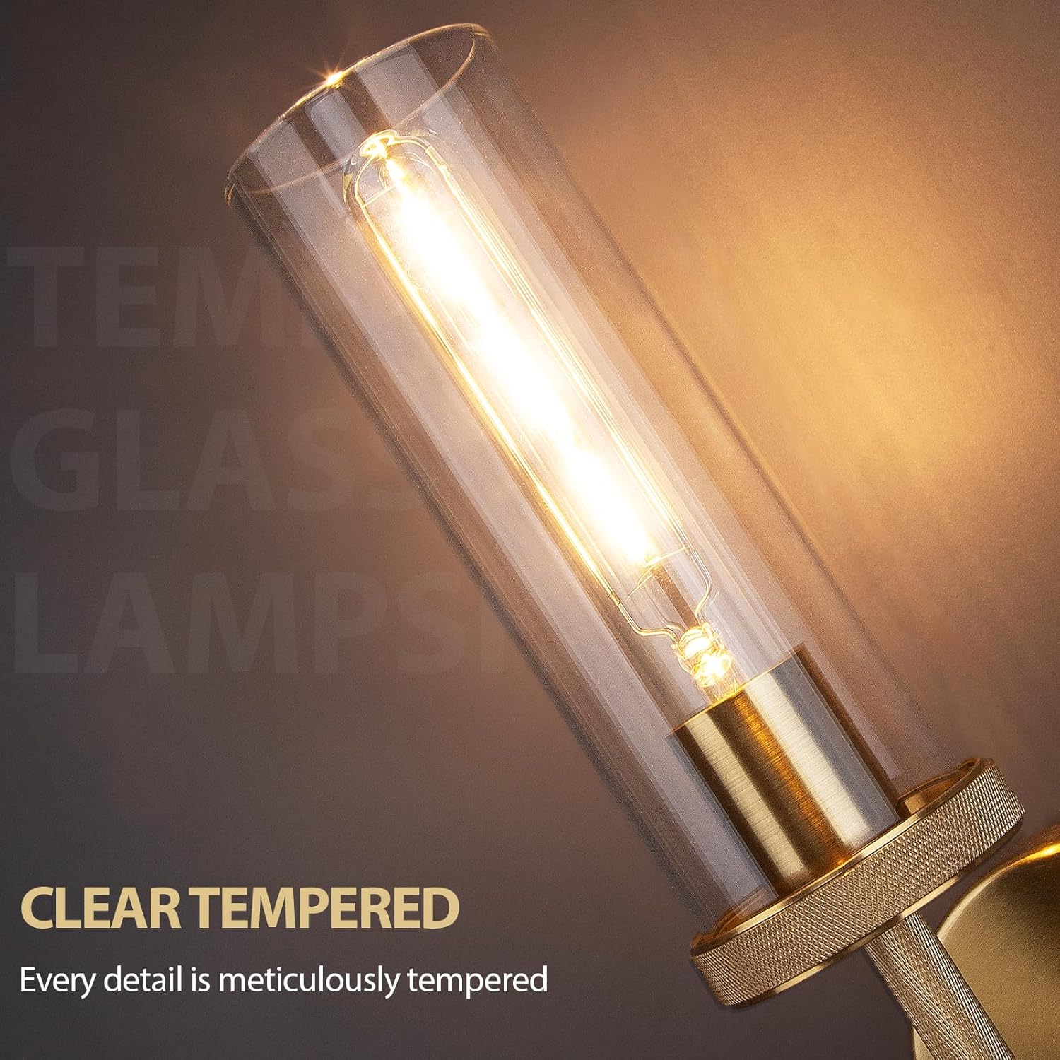 15" Knurled Gold Wall Sconces Set of 2, Bathroom Vanity Light Fixtures with Clear Glass Tube, Modern Lamp Lighting for Bedroom, Living Room, Hallway, Staircase, Mirror, Kitchen