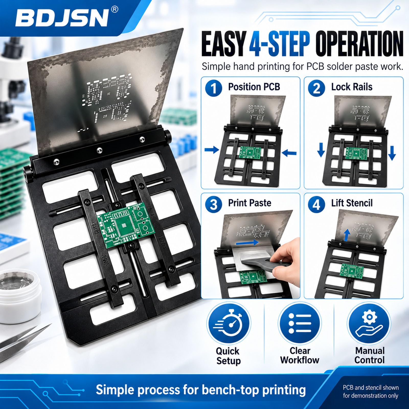 Drukarka ręczna do szablonów PCB, regulowany stojak na pastę lutowniczą Smt z podnoszoną ramą i 4 zatrzaskami, do PCB 80 x 70 mm i szablonów 100 x 100 / 150 x 150 mm 100 x 100 mm