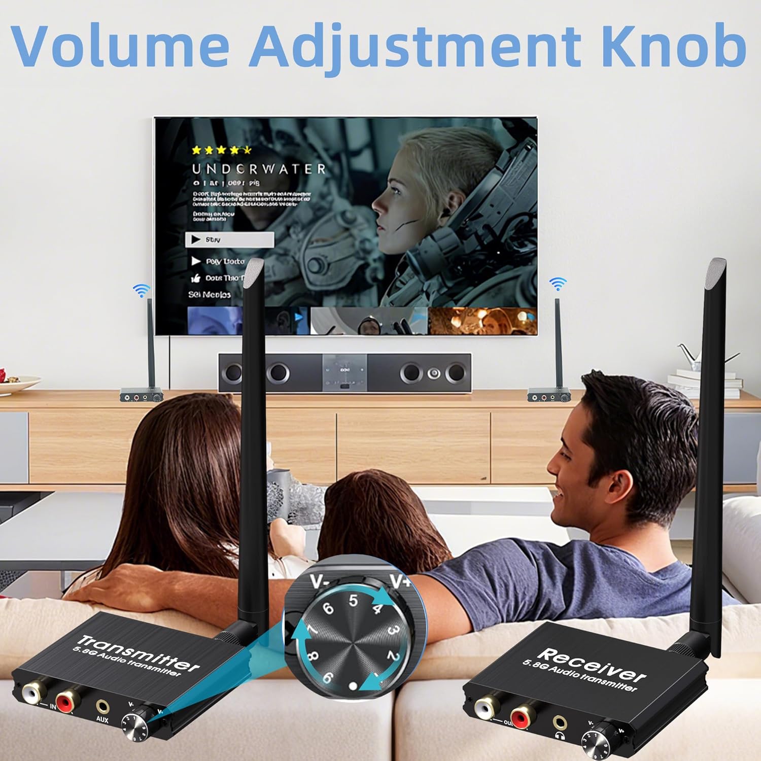 5.8GHz Wireless RCA AUX Audio Transmitter Receiver for TV Pojector,164Ft,9ms Latency, Volume Contral Knob, Used for TV Pojector to Activer Speaker Soundbar AMP
