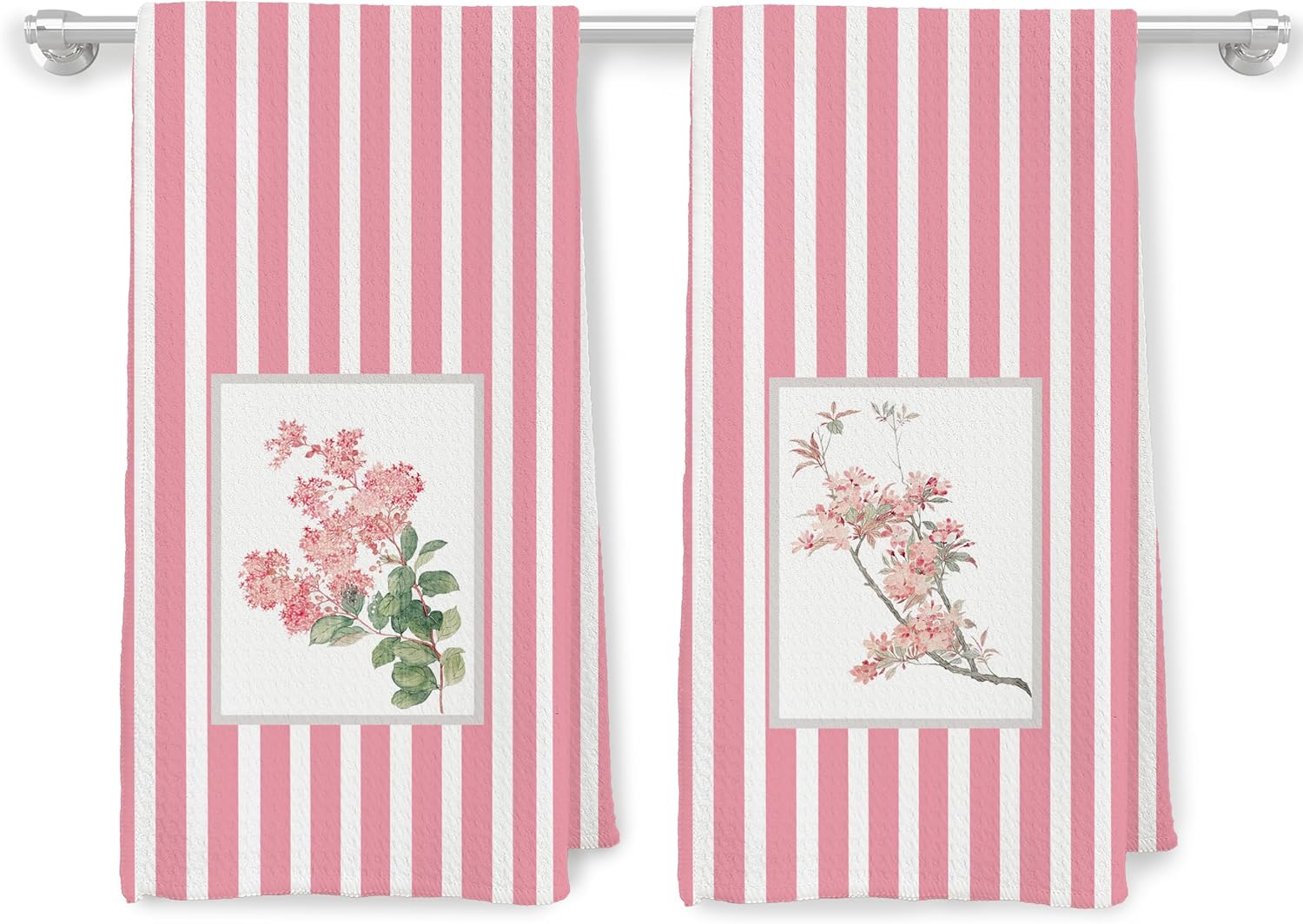 JMICPTUB Pink Chinoiserie Floral Kitchen Towels, Asian Oriental Botanical Plant Dish Tea Towels, Pink and White Striped Flower Decorative Hand Towel for Kitchen Bathroom, 16x24 Inch Set of 2