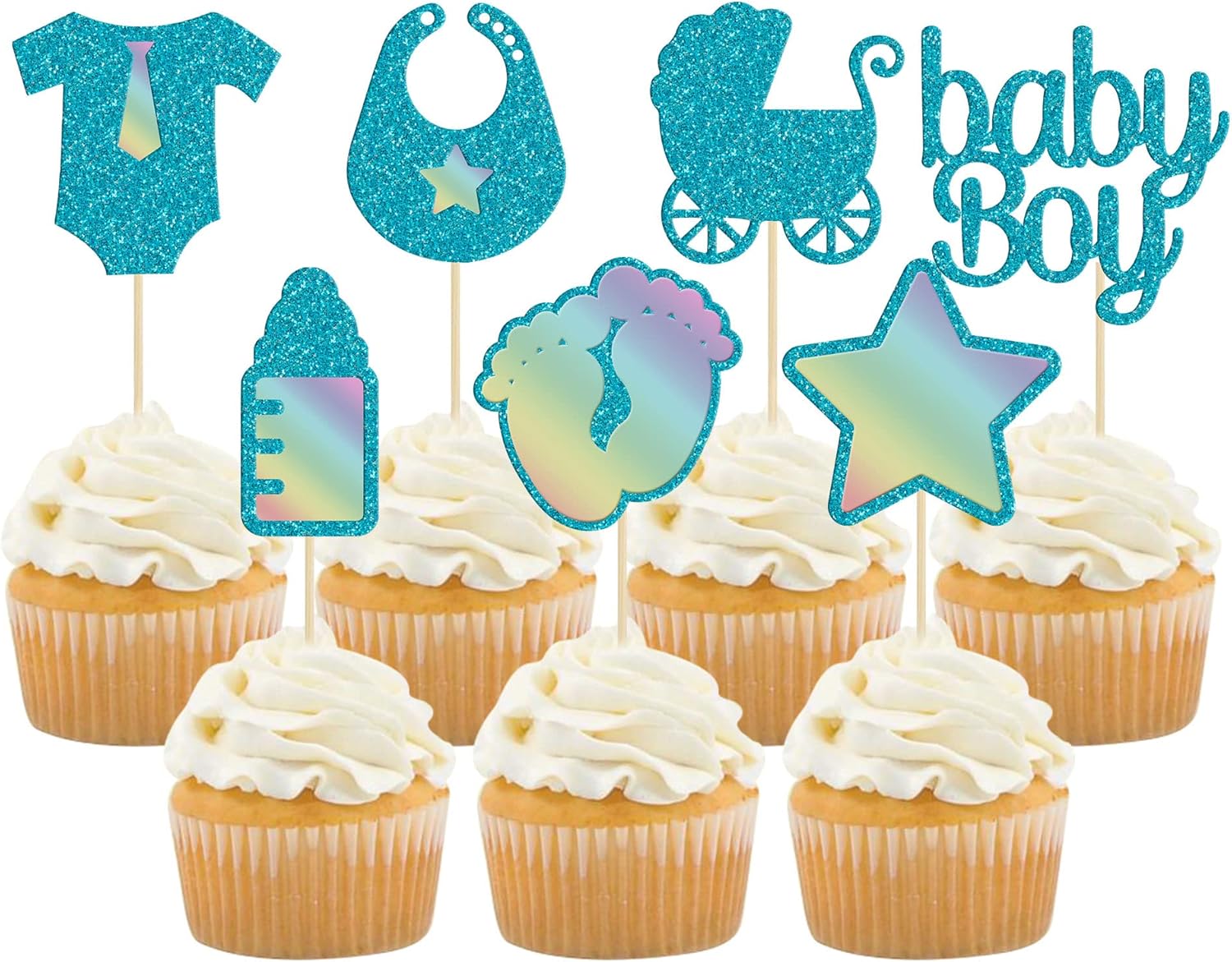 Gyufise 28Pcs Baby Shower Boy Cupcake Toppers Blue Glitter Star Onesie