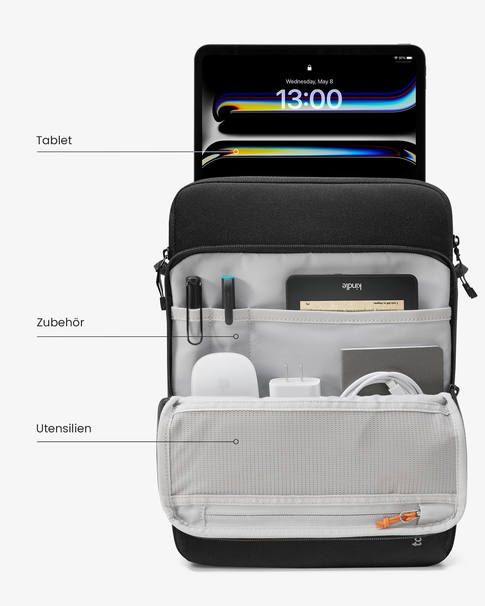 tomtoc 360° Tablet Tasche für 13 Zoll iPad Air 2026 M4/M3/M2, 13'' iPad Pro M5/M4, 12,9" iPad Pro 6/5/4, Premium Stoßfest Rundumschutz Schultertasche aus Recyclinggewebe mit Griff, passt SmartKeyboard