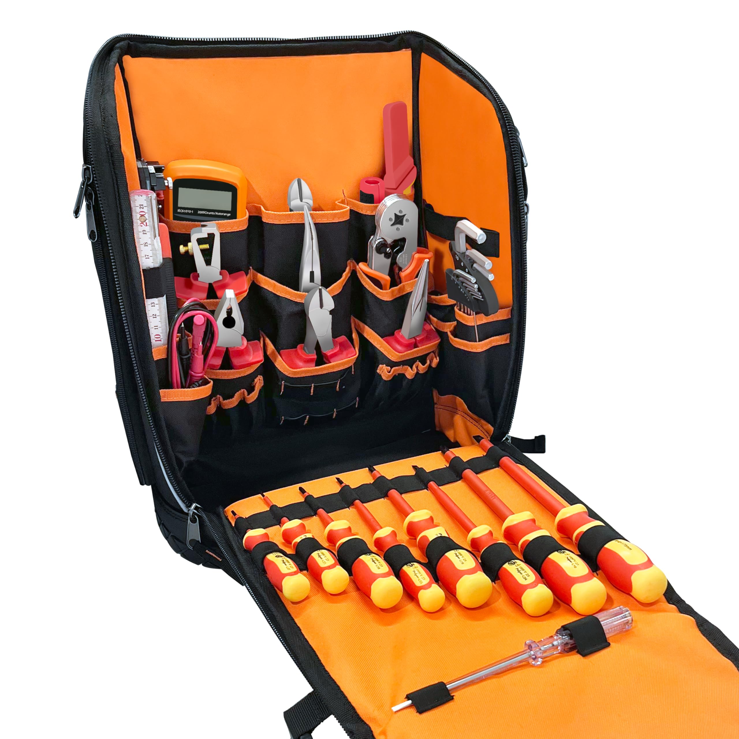 Electrician backpack set,Backpack Tool Bag with 30 Pockets,Heavy Duty Tool Backpack,Tools Organizer Bags for Men/Eelectrician,Black and orange