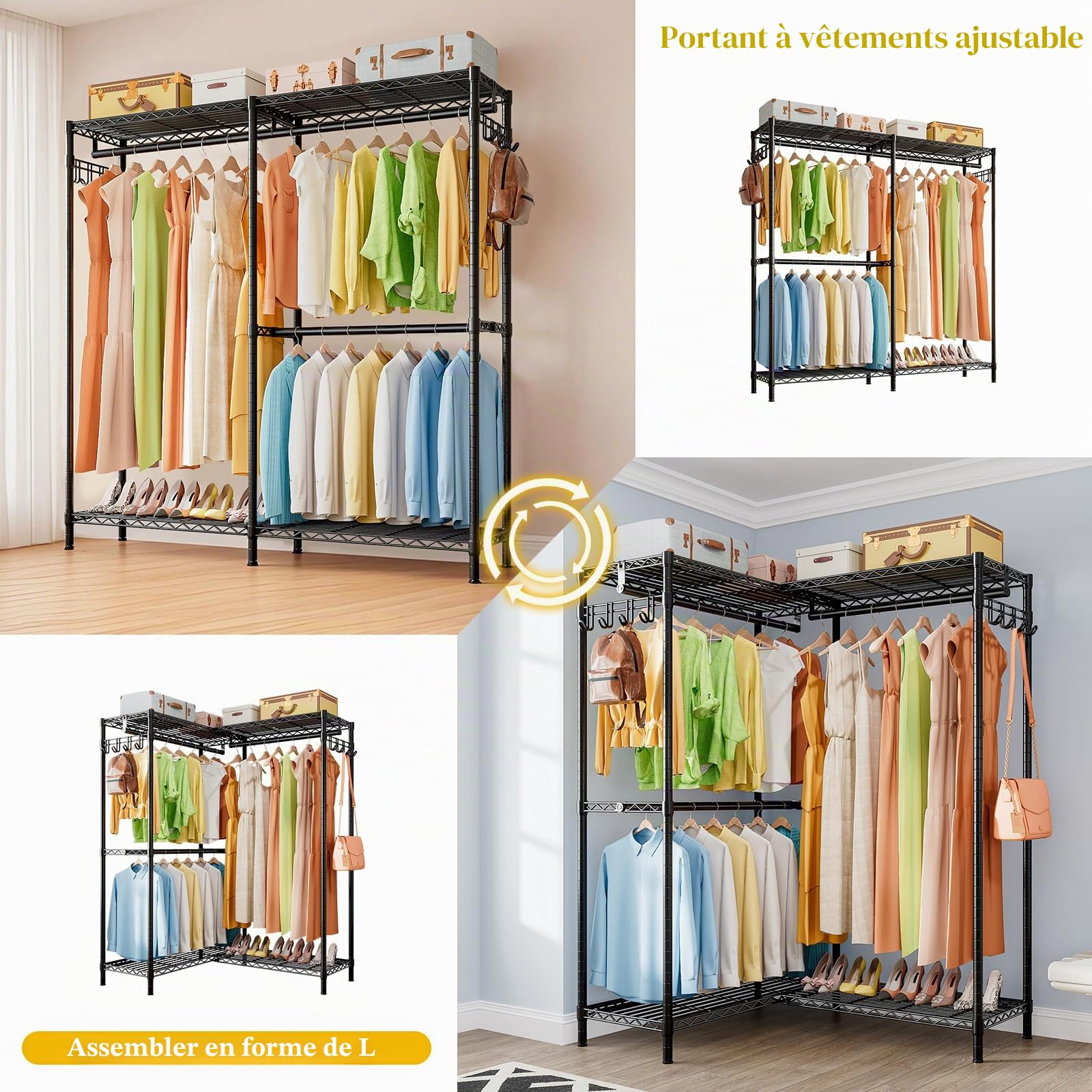 KZOBYD Porte-manteaux à lourde capacité, tringle en métal, garde-robe avec compartiments suspendus, penderie ouverte avec cintres et étagères réglables en hauteur, 145 x 40 x 193 cm
