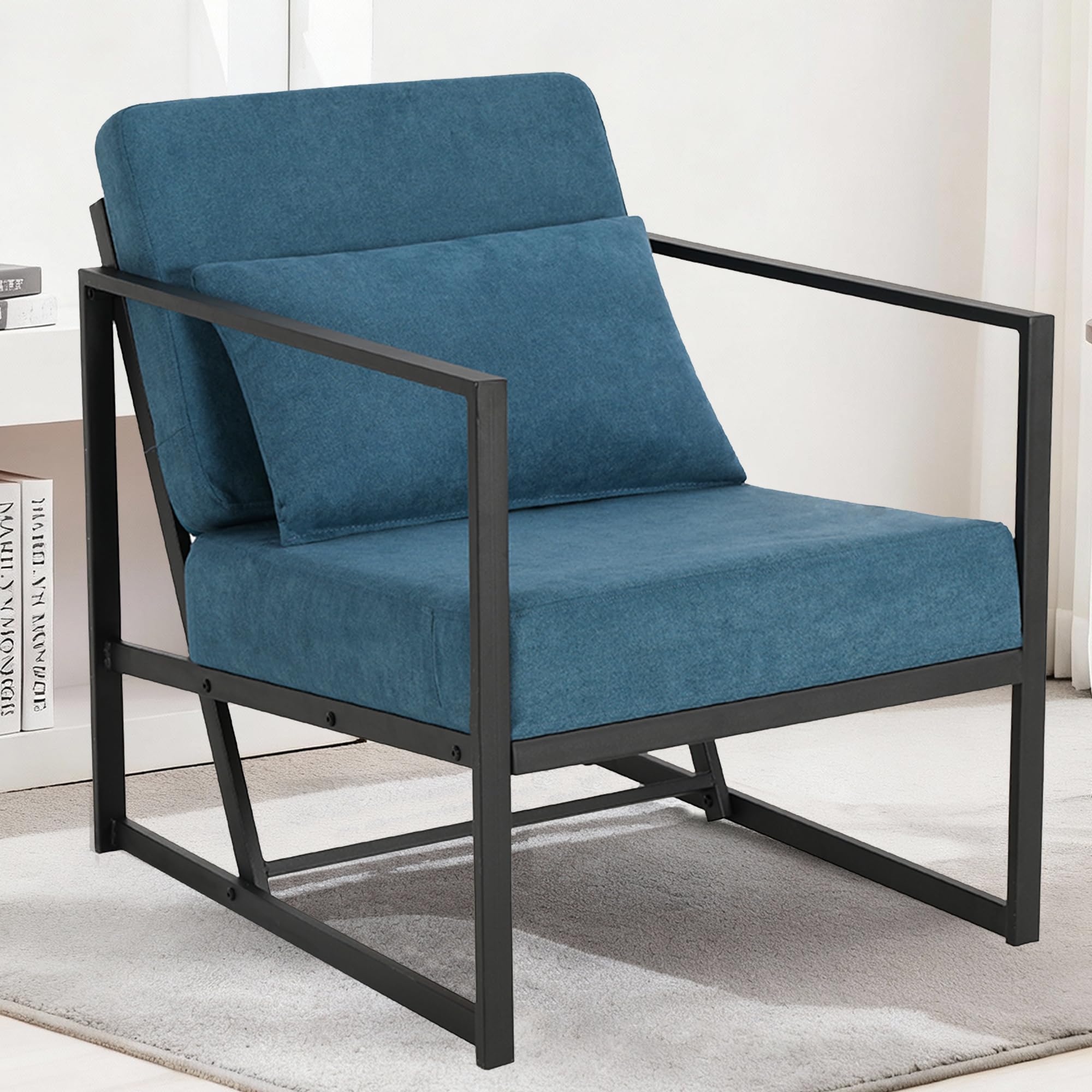 Mingone Sessel Gepolsterter Cocktailsessel Relax Polstersessel Stuhl Lehnstuhl Blau aus Leinen Loungesessel mit Handläufen Eisengestell für Wohnzimmer, 1
