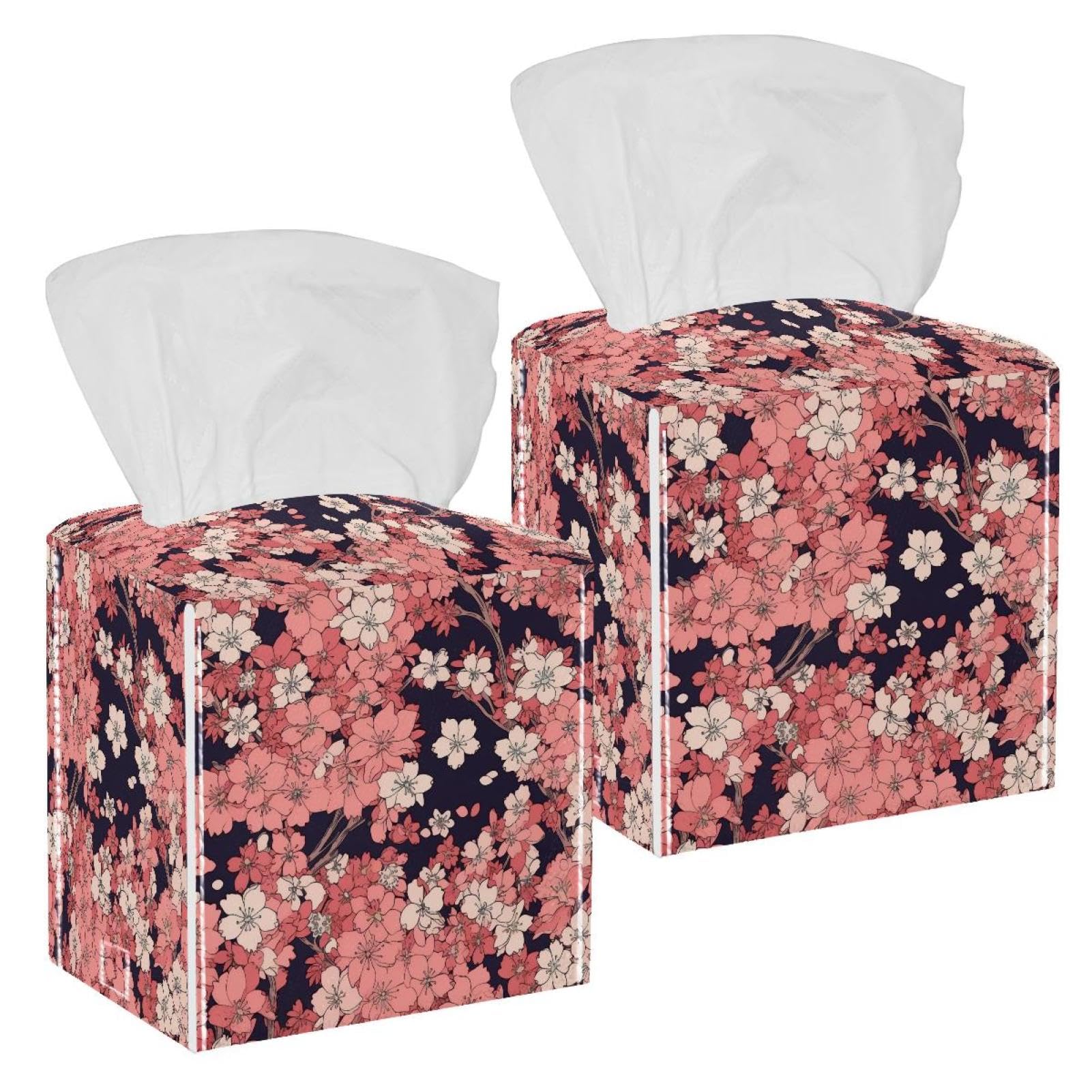 Cherry Blossom Tissue Box Cover, 2 Pack PU Leather Square Facial Tissue Dispenser Box holder for Home Office Car
