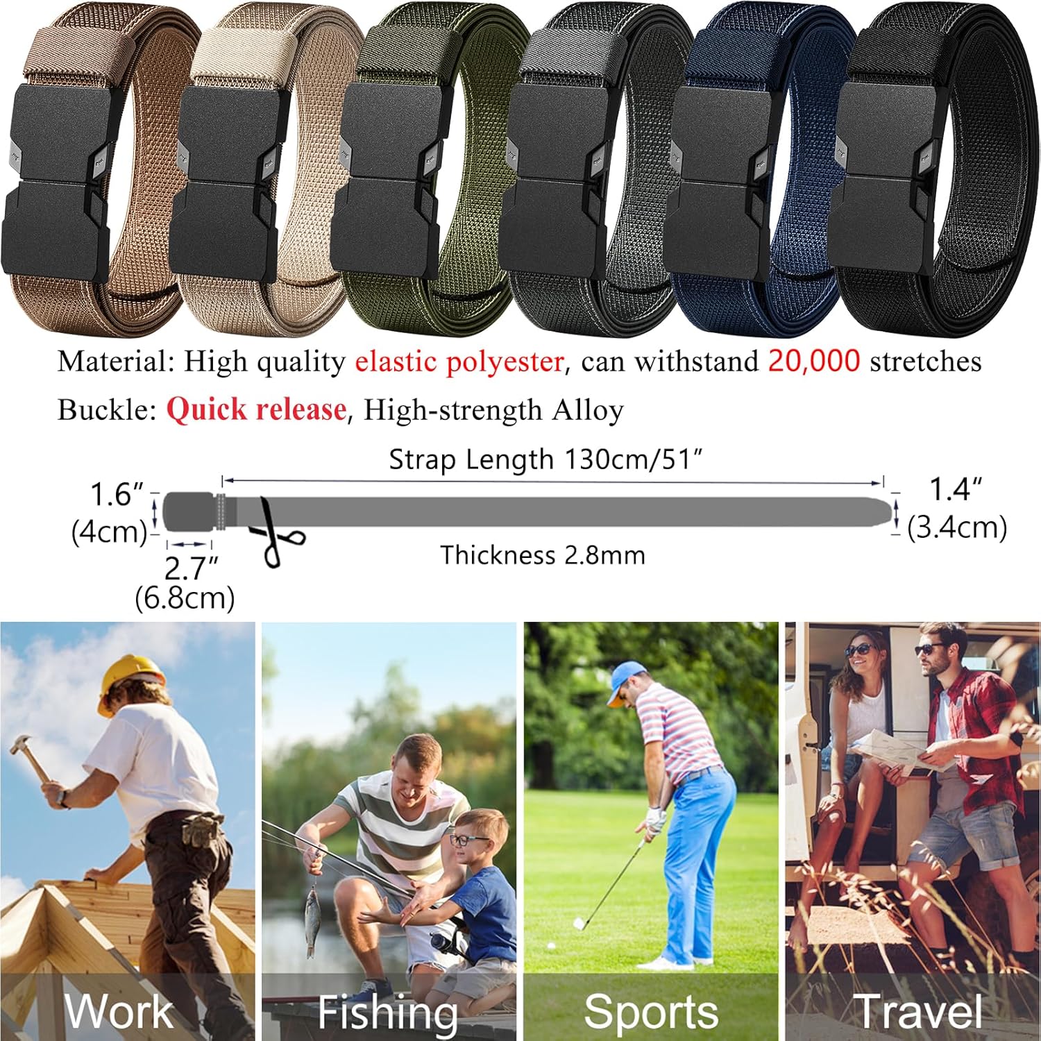 LionVII Quick Release Elastic Belt, Men Stretch Belts with Buckle Fit Through Belt Loops, Adjustable Trim to Fit 28-48" Waist - Image 2