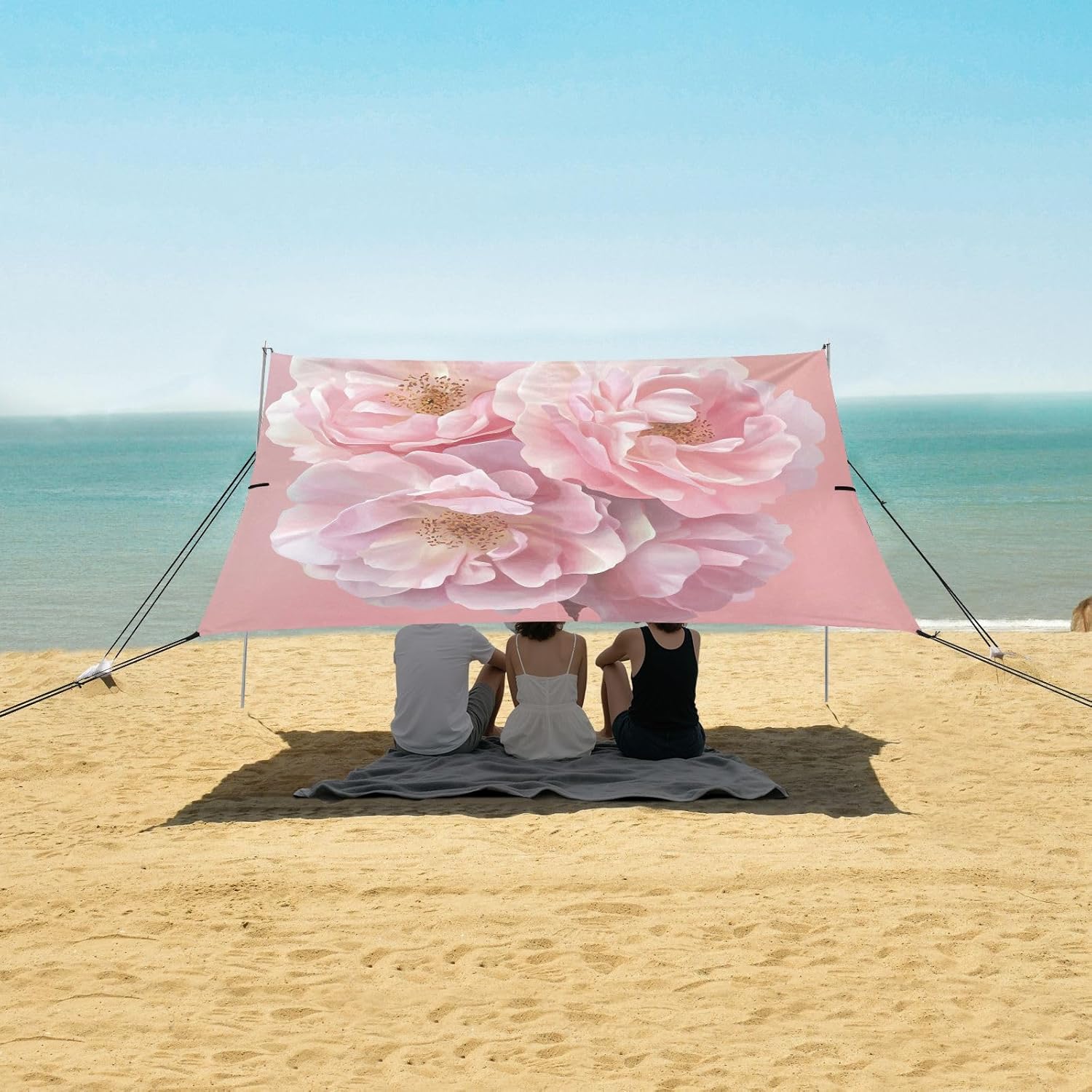 ALAZA Pink Rose Flowers Beach Tent Sun Shelter UPF50+ Protection Beach Shade Canopy w/ 4 Sandbags for Outdoor Camping, Fishing, Backyard Fun, Picnic, 10x9 ft
