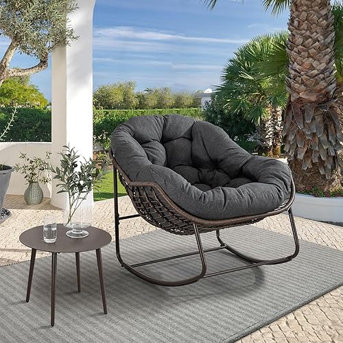 Miniatura 21 de Mecedora para exteriores, silla mecedora de huevos de mimbre de gran tamaño, para interiores y exteriores, cómoda silla mecedora con cojín grueso