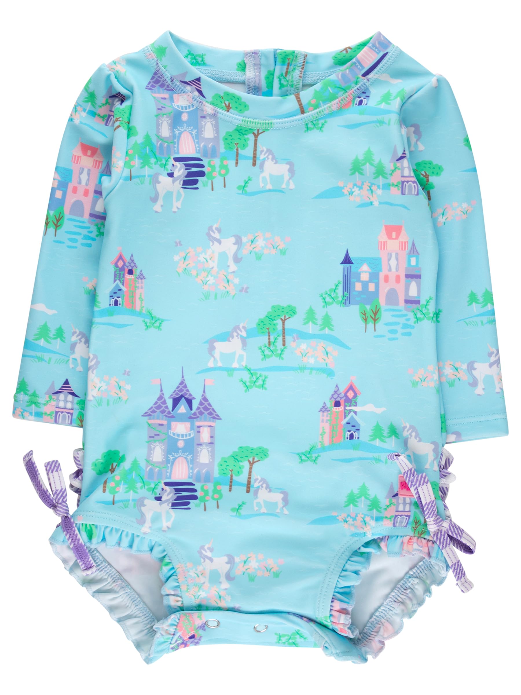 RuffleButts Baby Girls Novelty Baby One Piece - Rash Guard Swimsuit UPF 50+ | Nylon Blend, UPF 50+ Sun Protection, Premium Quality, Snap + Zipper Closure, Hand Wash, Long Sleeves