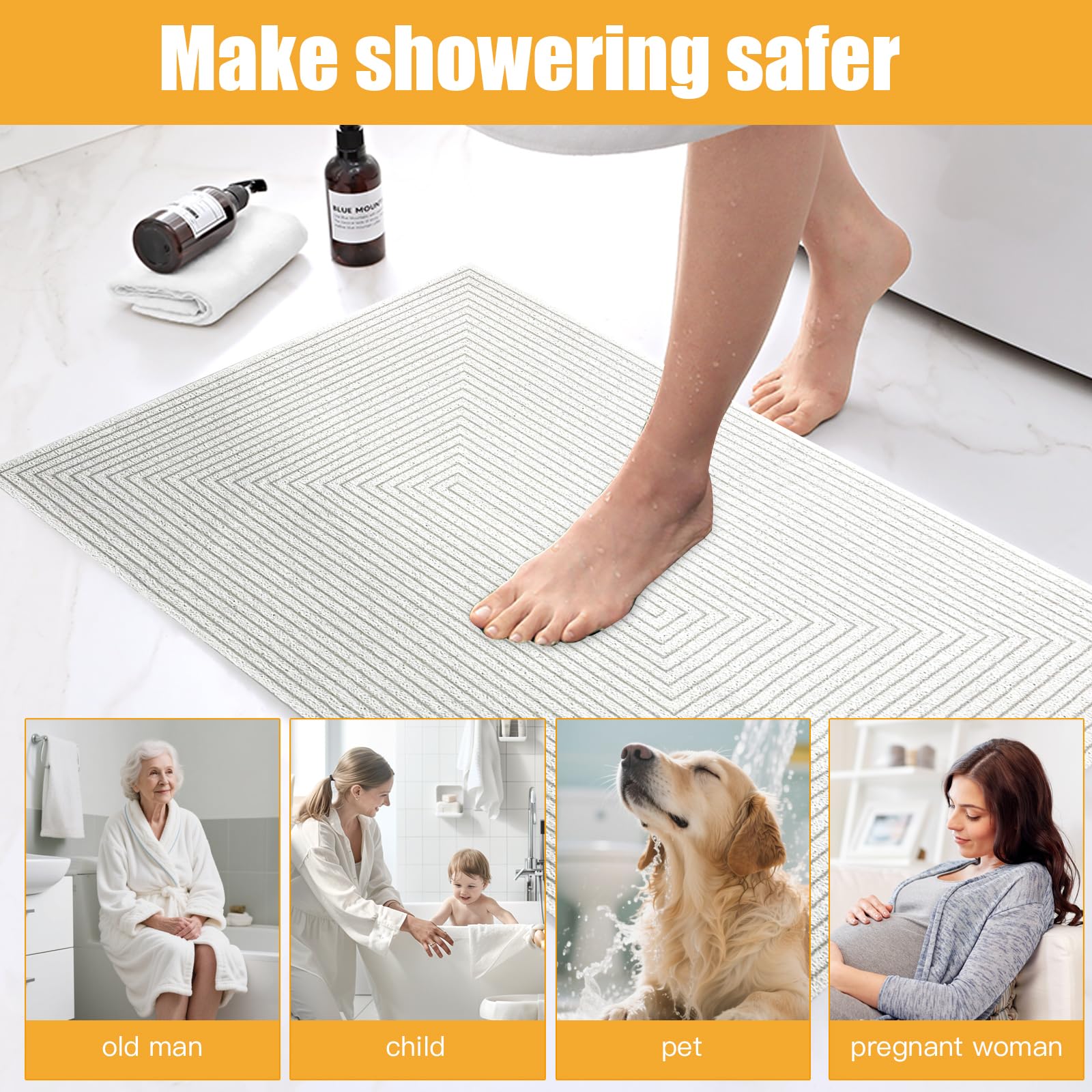 Tappeto Doccia Antiscivolo, 60x90cm Tappeto Antiscivolo per Doccia, Tappeto da Bagno in PVC con Fori di Drenaggio, Tappeto Asciugatura Rapida per Aree Umide