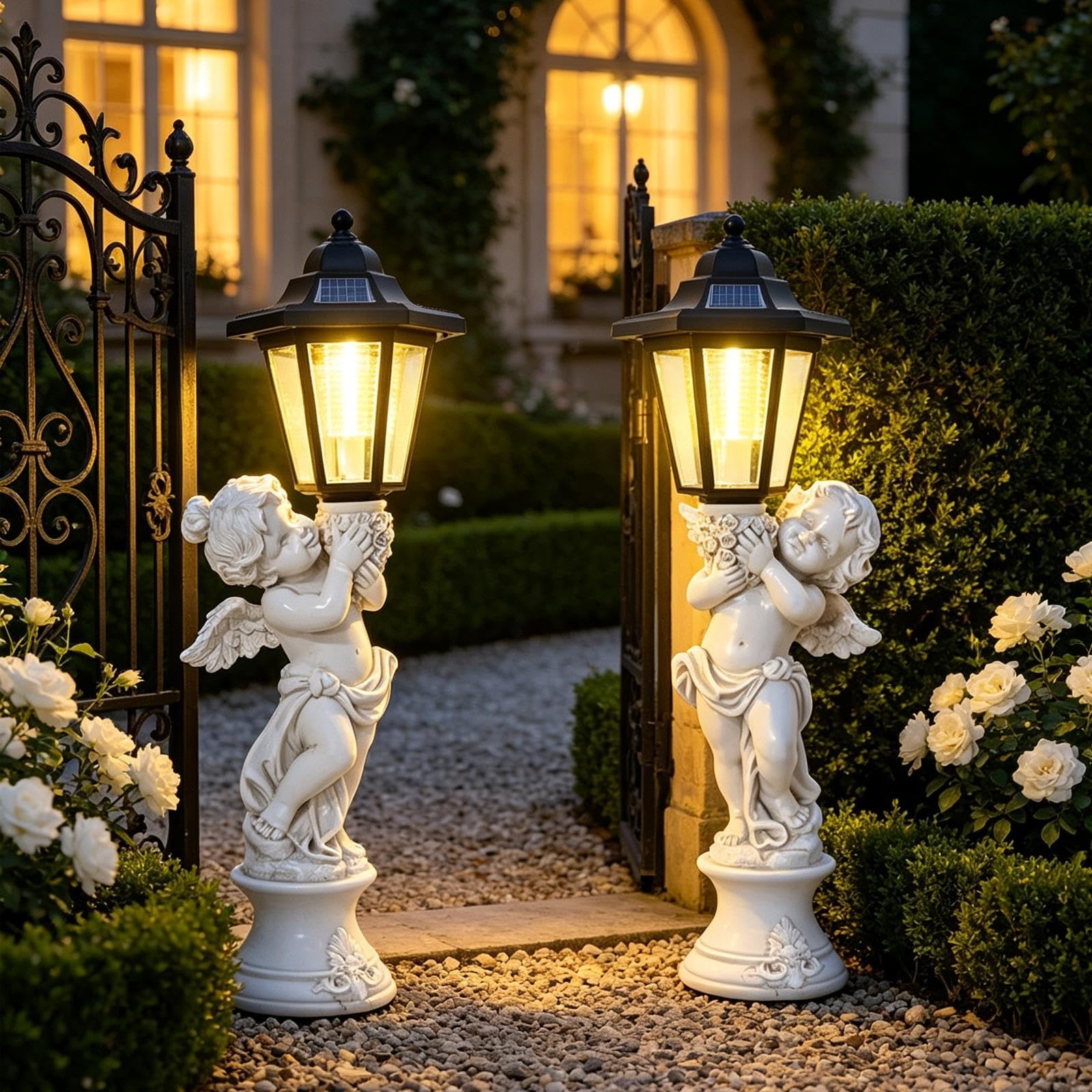Statue da Giardino a Forma di Angelo, 2 Angelo Custode con Lanterna Solare
