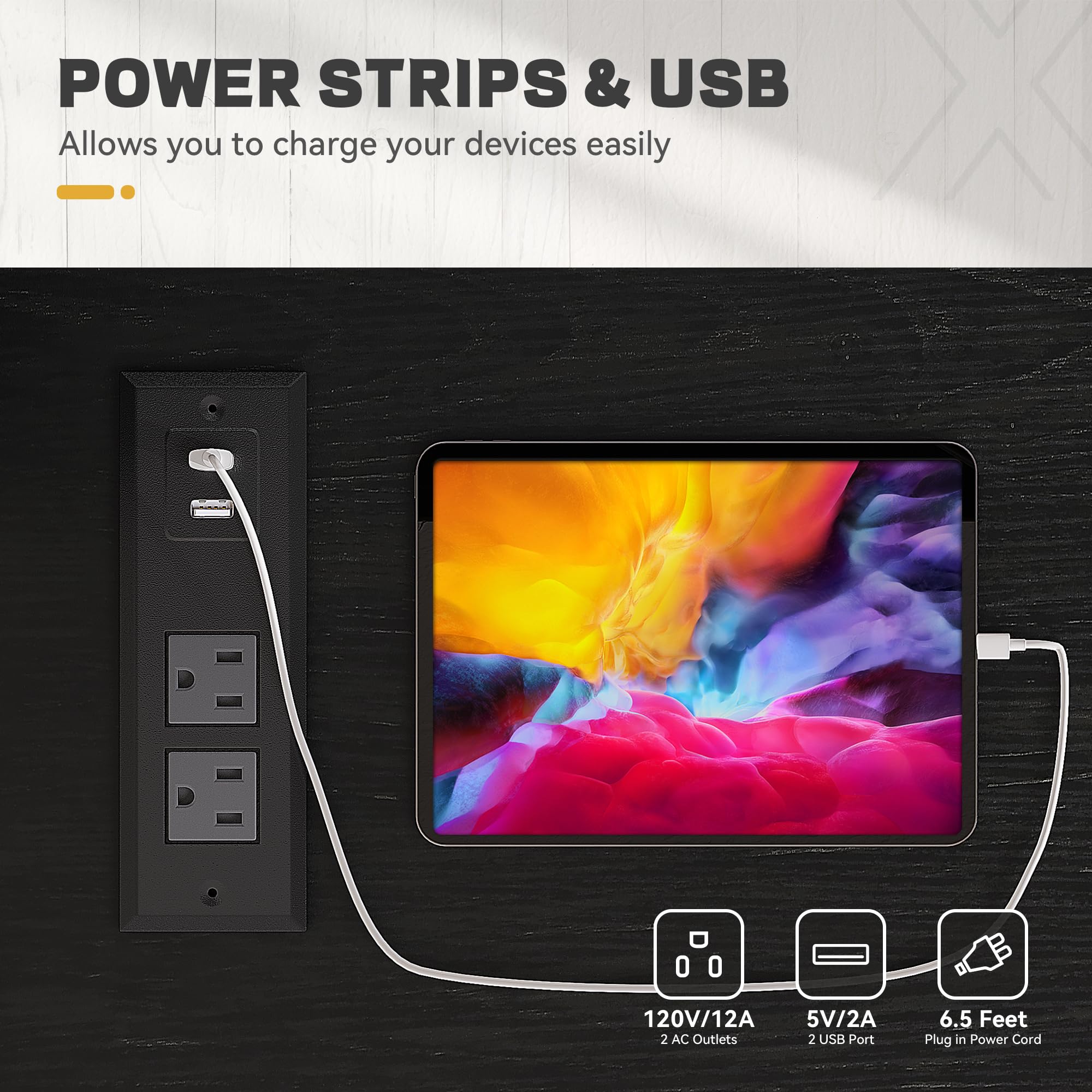 Close-up of the integrated power strip with two USB ports and two AC outlets.