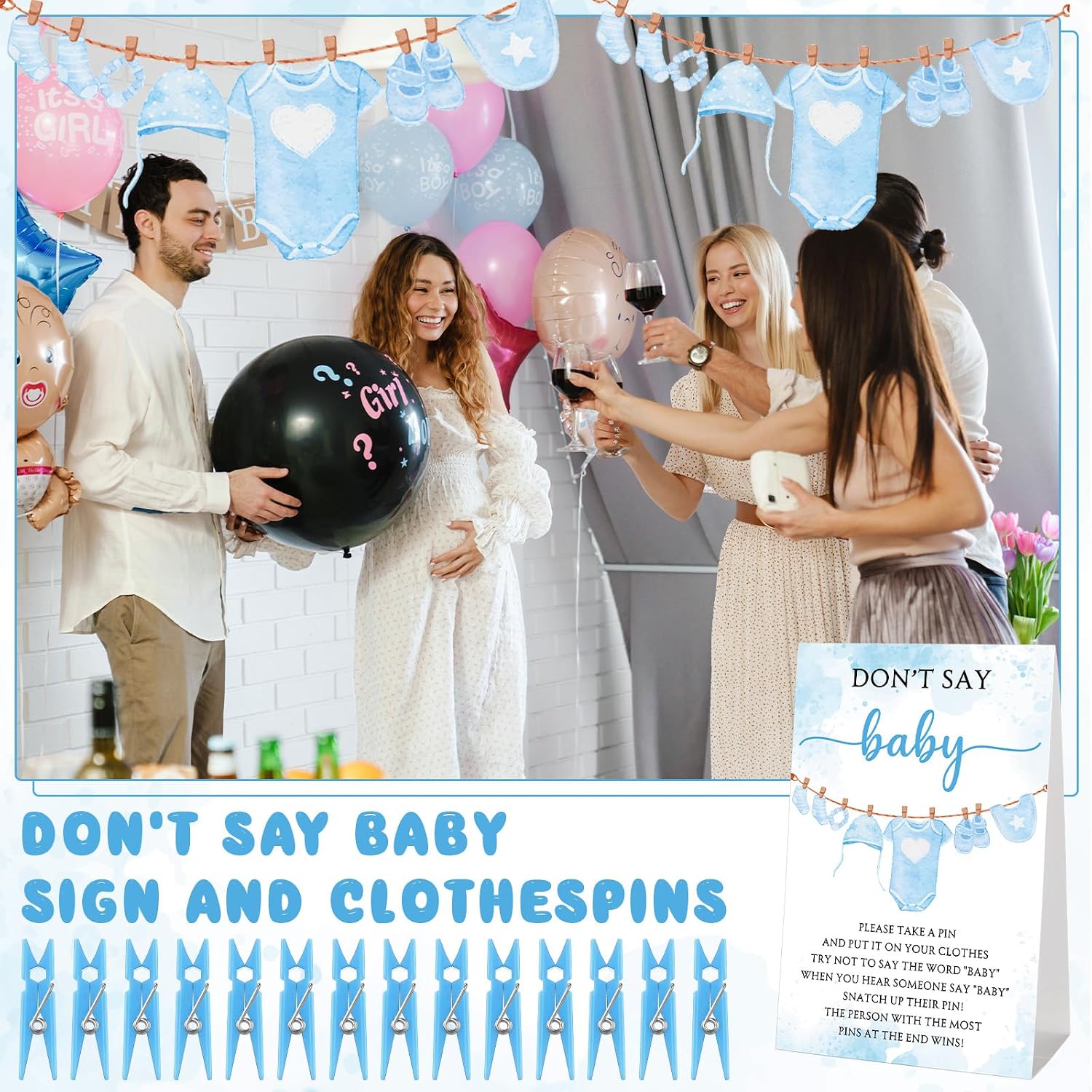 Cinnvoice 51 Pcs Don't Say Baby Baby Shower Game Blue Sign Clothespin, Boy