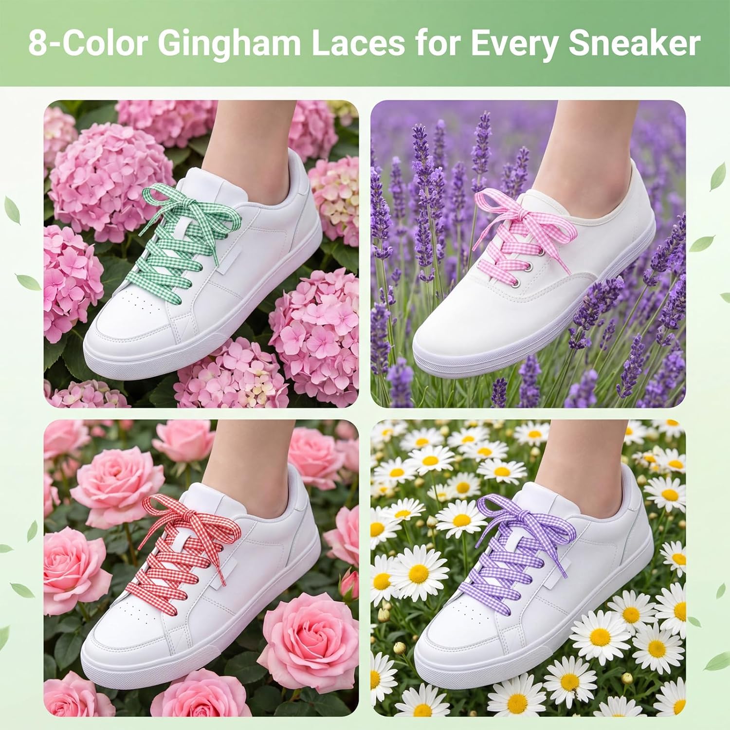 8 Pair Gingham Shoe Laces for Women, Colorful Soft Satin Gingham Shoelaces | Cute Plaid Shoelaces for Sneakers