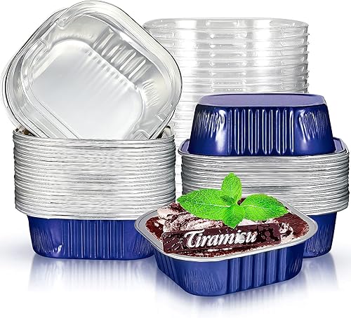 Geiserailie 40 juegos de moldes cuadrados de papel de aluminio para tartas de 4.4 fl oz4.4 onzas, mini moldes para cupcakes con tapas, moldes