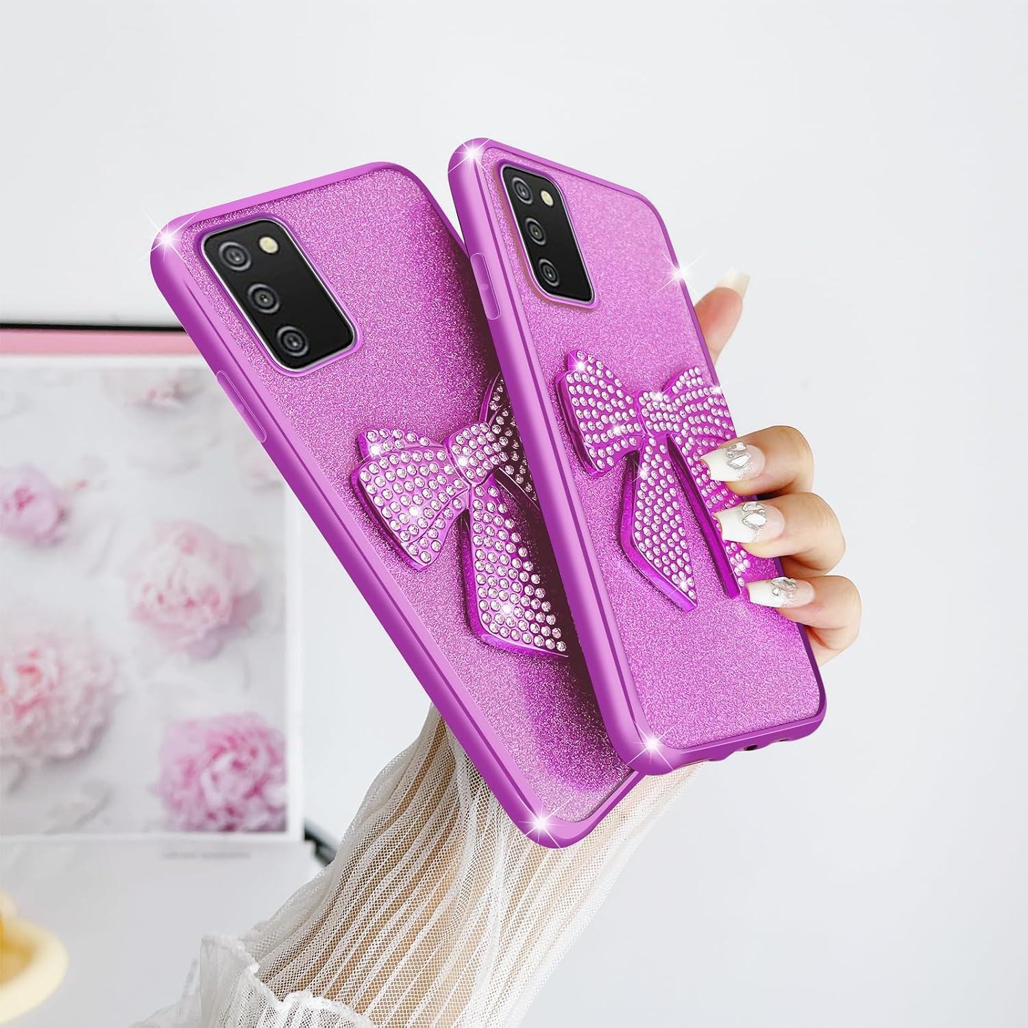 for Samsung Galaxy A03S Case Case for Women Glitter Stylish Soft Clear TPU Luxury Cute 3D Bowknot Crystal Sparkly Shiny Protective Cover with Strap for Samsung Galaxy A03S(Bowknot Purple) image 3