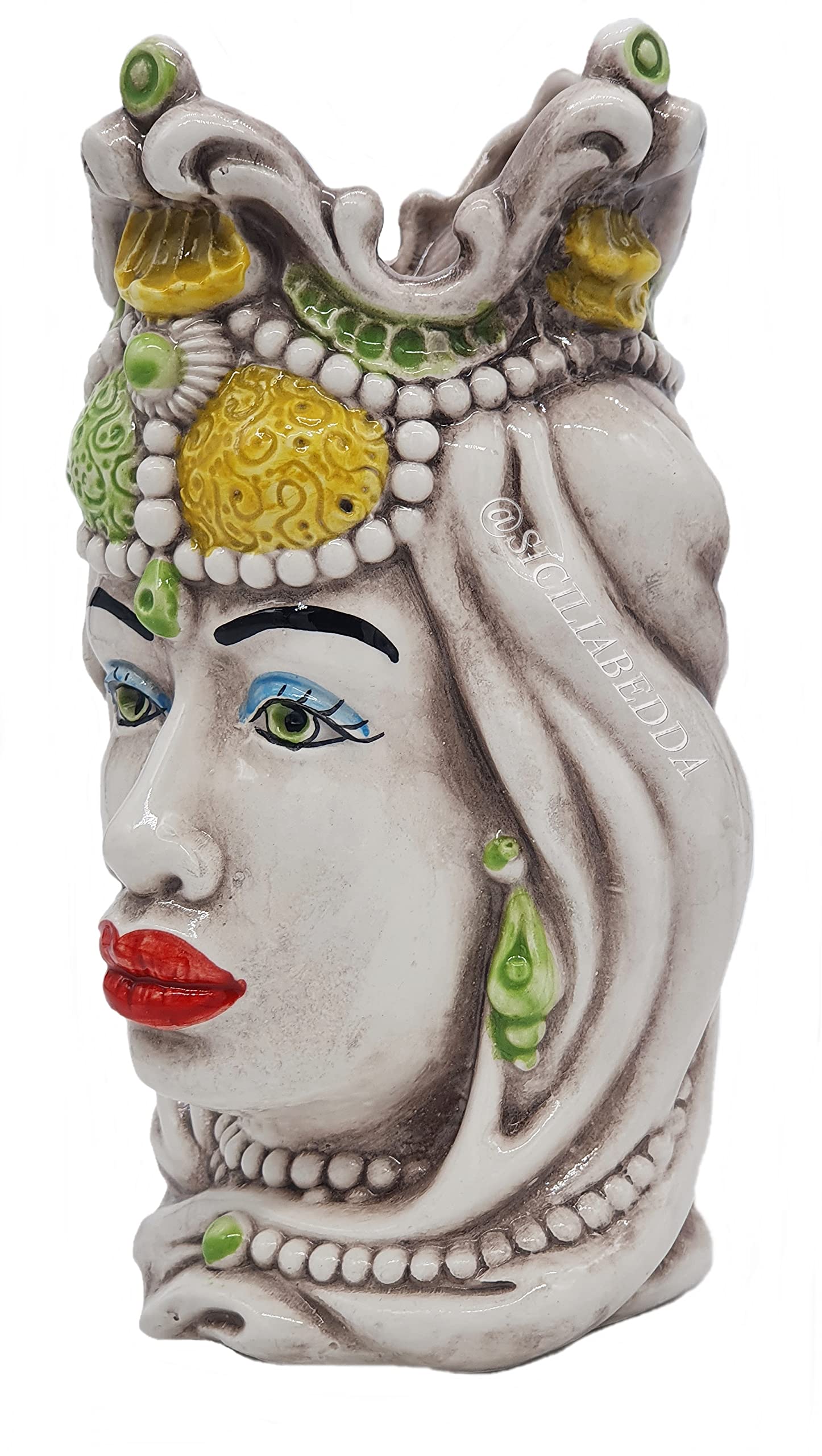 sicilia bedda - Teste di Moro Siciliane in Ceramica di Caltagirone - Realizzato Interamente a Mano - Altezza 18 Centimetri (Testa di Moro Donna Verde)