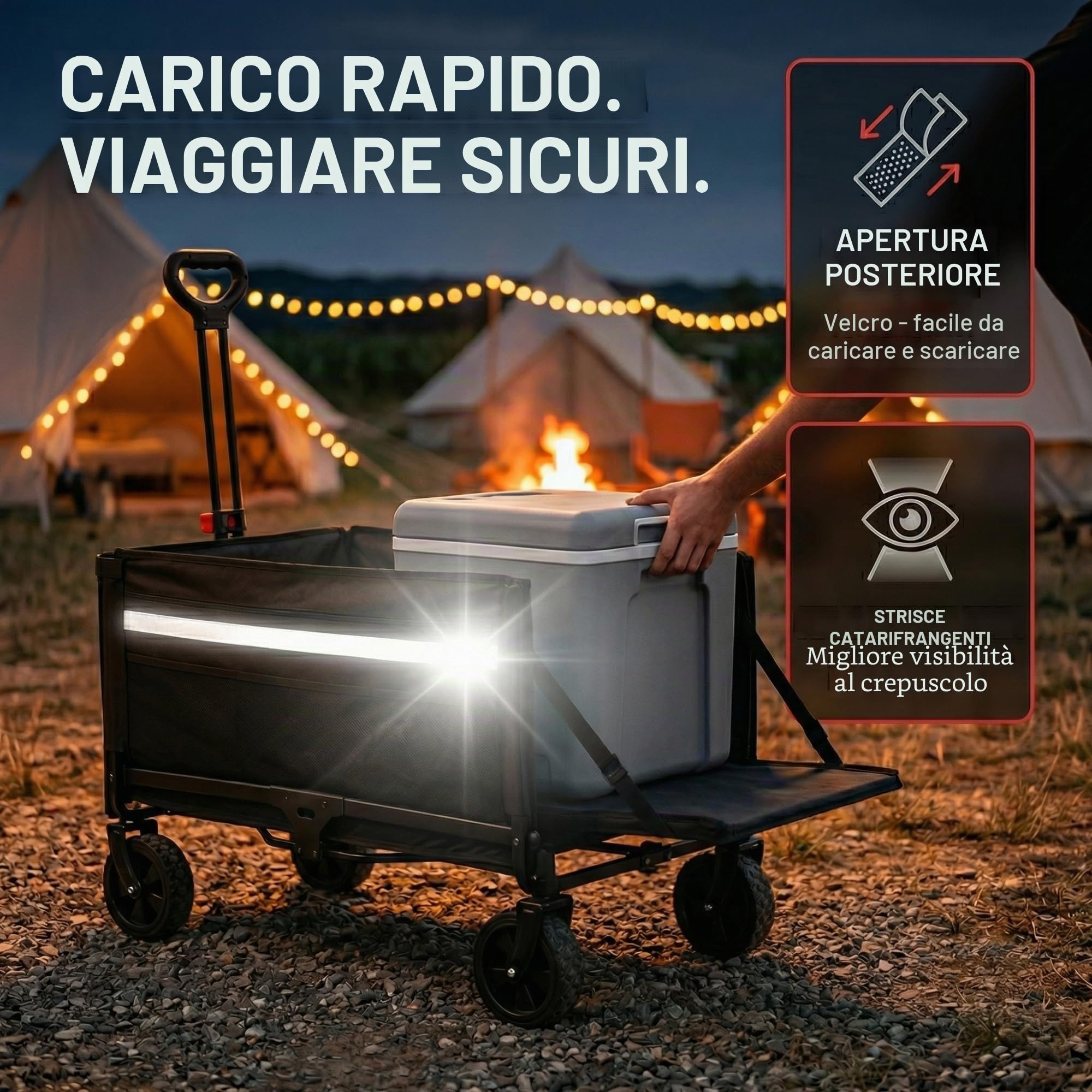 Albatros Carrello pieghevole da 120 l con apribottiglie e portabevande – Carrello pieghevole con strisce riflettenti, apertura della parete posteriore e copertura – Carrello per il trasporto