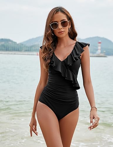 Miniatura 2 de Blooming Jelly Trajes de baño de una pieza con control de abdomen para mujer con volantes cuello en V