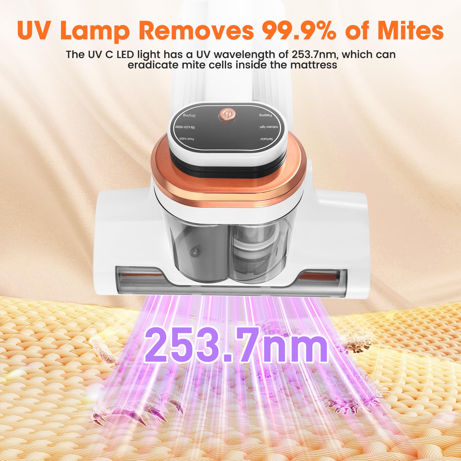 Aspirateur Matelas Anti Acariens, 13Kpa Aspiration Aspirateur Lit avec Lumière UV -C de 253,7 nm LED Aspirateur Matelas Ultrasons Chauffage Machine de Nettoyage Élimine 99,9 % des Bactéries Allergènes