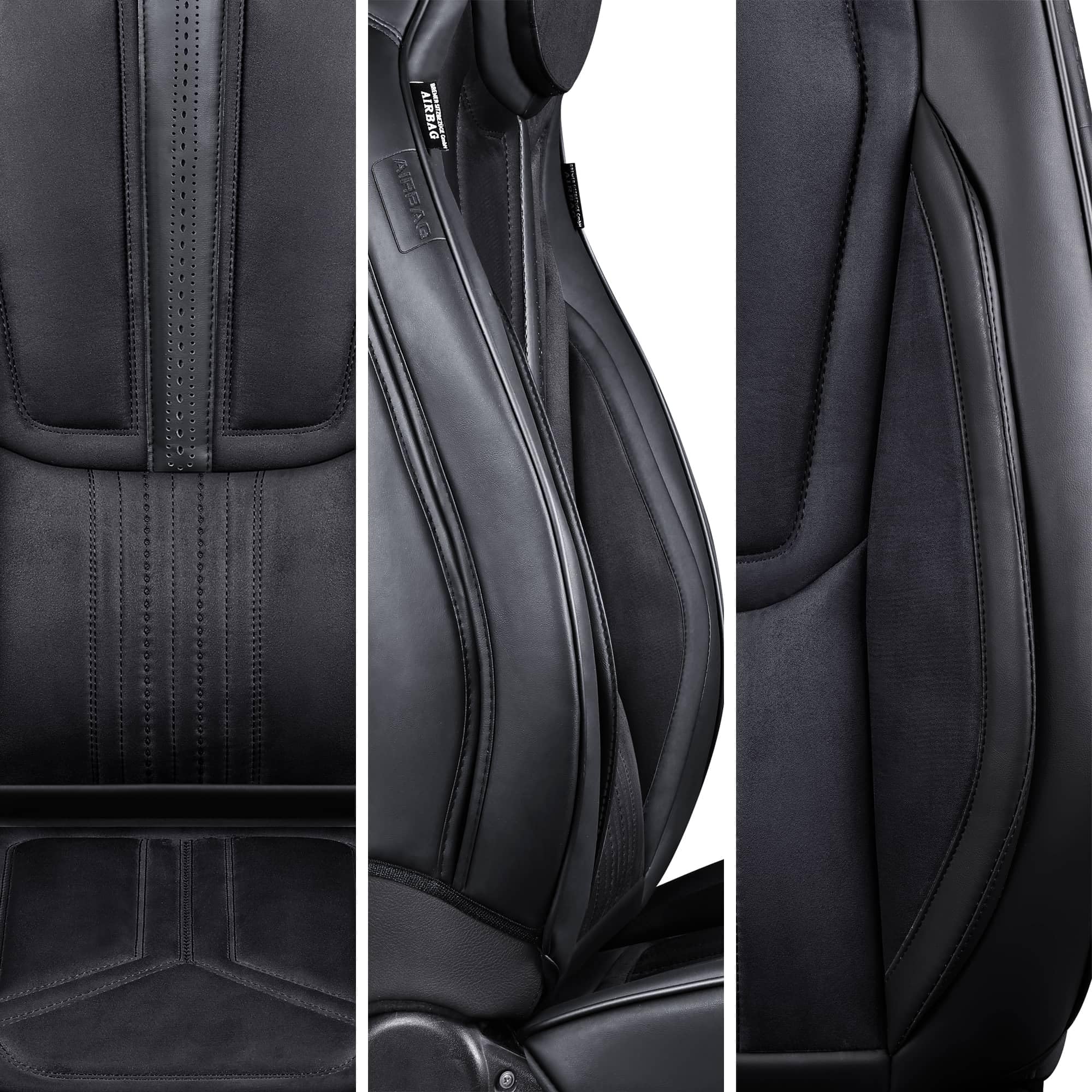 Autositzbezüge Universal für PKW, SUV – Premium Vordersitzbezüge Schwarz, hochwertig verarbeitet für mehr Sitzkomfort, Airbag-kompatibel, Schonbezüge für Fahrer & Beifahrersitz mit Rückentasche