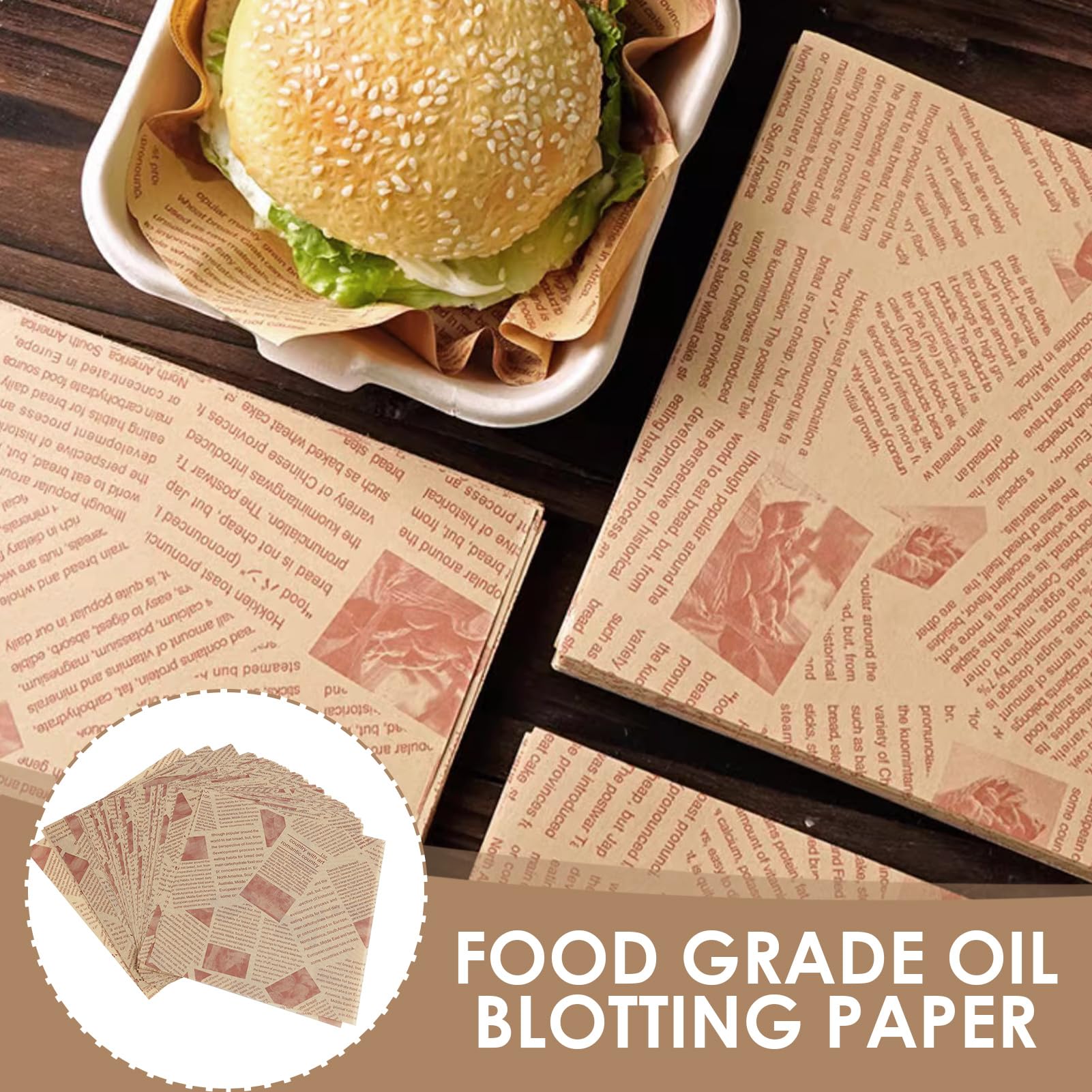 100 Feuilles De Papier Sulfurisé Kraft 25x25 Cm - Style Journal Vintage - Résistant à L'huile Et à L'eau - Pour Hamburgers, Frites, Sandwiches, Présentation - 4