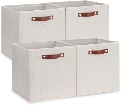 Temary Fabric Storage Cubes Storage Bins with Dual Leather Handles, 4 Pack Cube Baskets 13x13 Foldable Cube Organizers for Shelves, Home, Office, Nursery