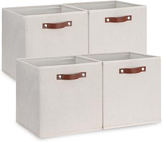 Temary Fabric Storage Cubes Storage Bins with Dual Leather Handles, 4 Pack Cube Baskets 13x13 Foldable Cube Organizers for Shelves, Home, Office, Nursery