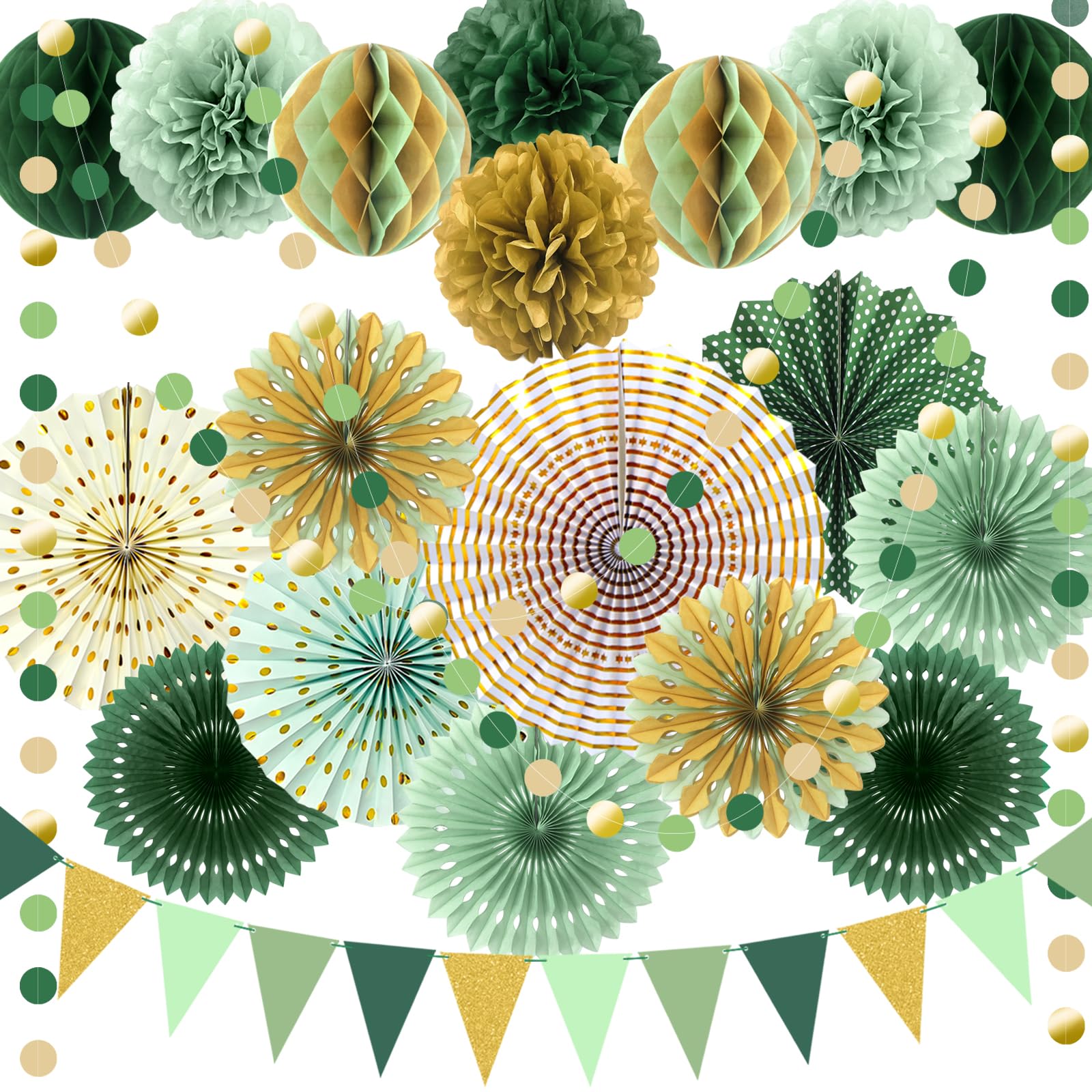 ADLKGG Sage Green Gold Party Decorations, Paper Fans Honeycomb Balls Circle Garlands for Green Theme Birthday Neutral Baby Shower Wedding Graduation Party Decoration Forest Party Supplies