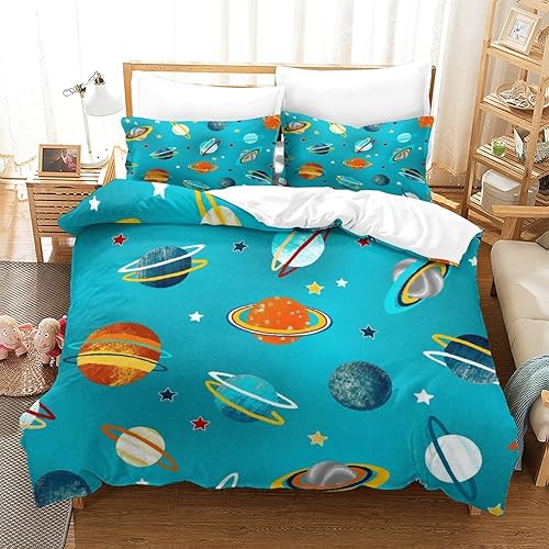 Cartoon Space Solar System Cosmic Bed Down 3-Piece Set Knowledge Education Learn Planetary Astronomy Cartoon Children's Room Bed Cover Decorated