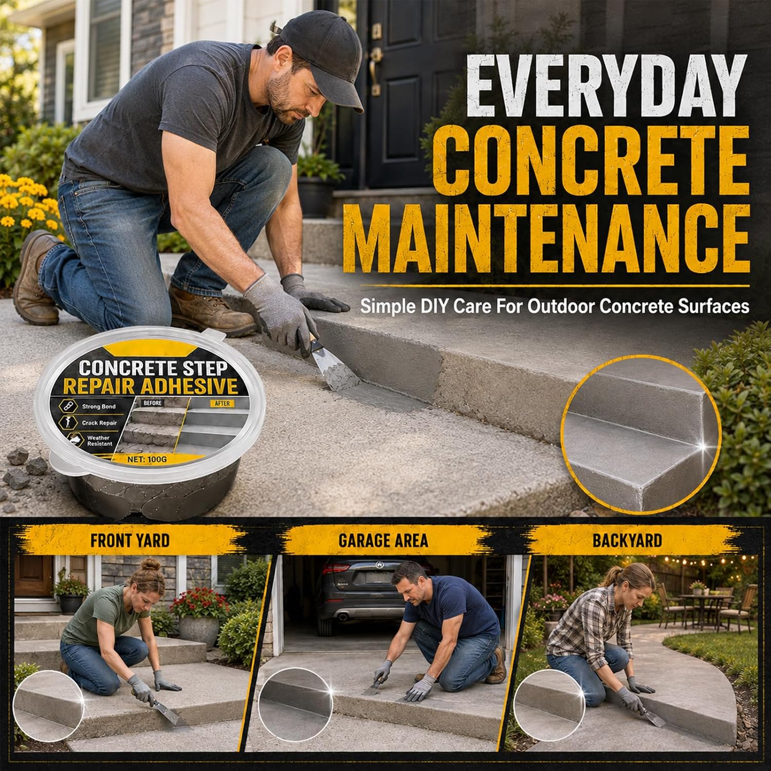 Concrete Step Repair Adhesive, 2-Pack (200g Total) | Heavy Duty Concrete Repair Adhesive, Cracked Stairs & Walkways, Outdoor Cement Repair Adhesive, Strong Bond Formula, Quick Curing