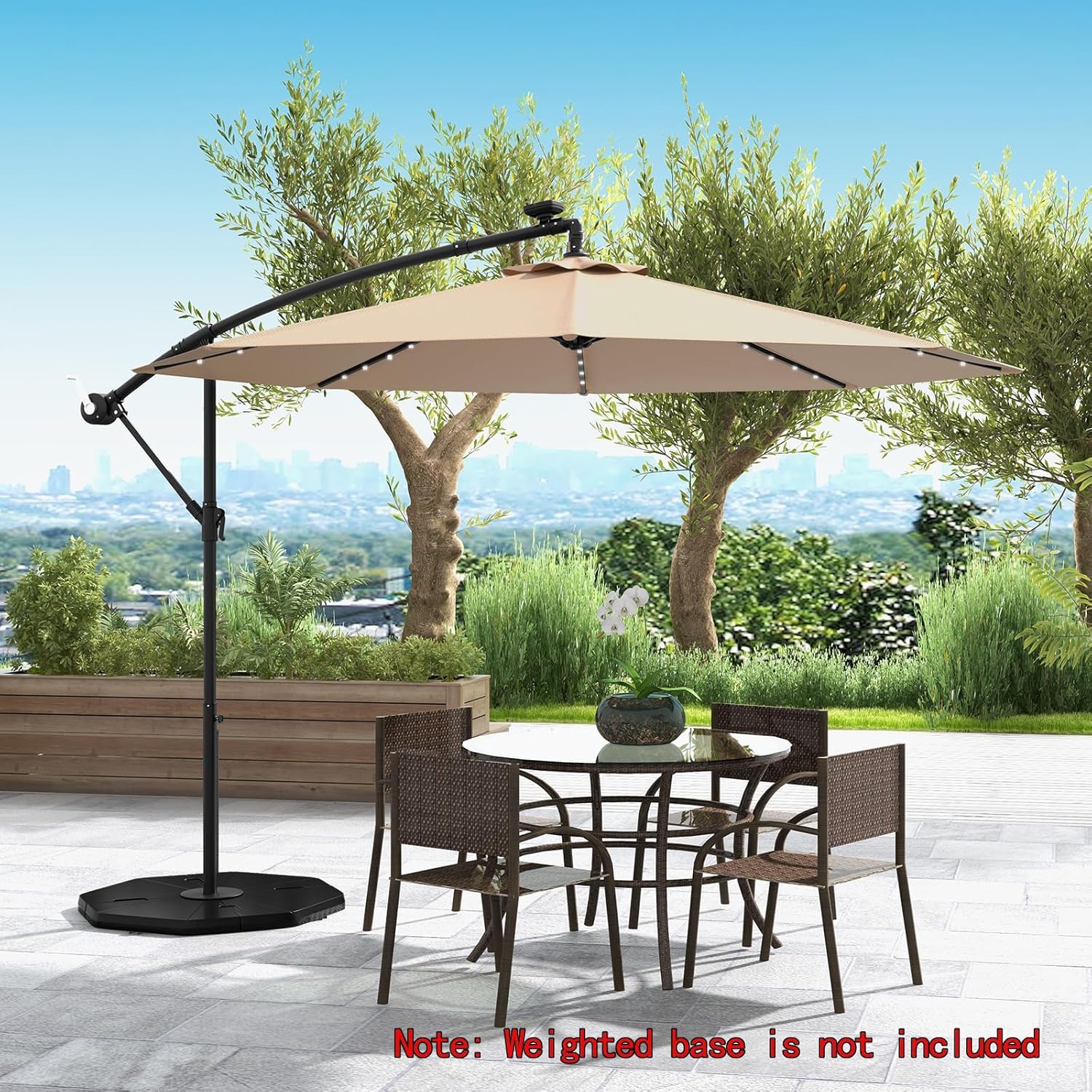 HAPPYGRILL 10 FT Patio Offset Umbrella with Solar Lights, Deck Umbrella with Easy Tilt, Outdoor Cantilever Hanging Umbrella with 8 Ribs & Cross Base for Backyard Poolside Lawn Garden (Brown)