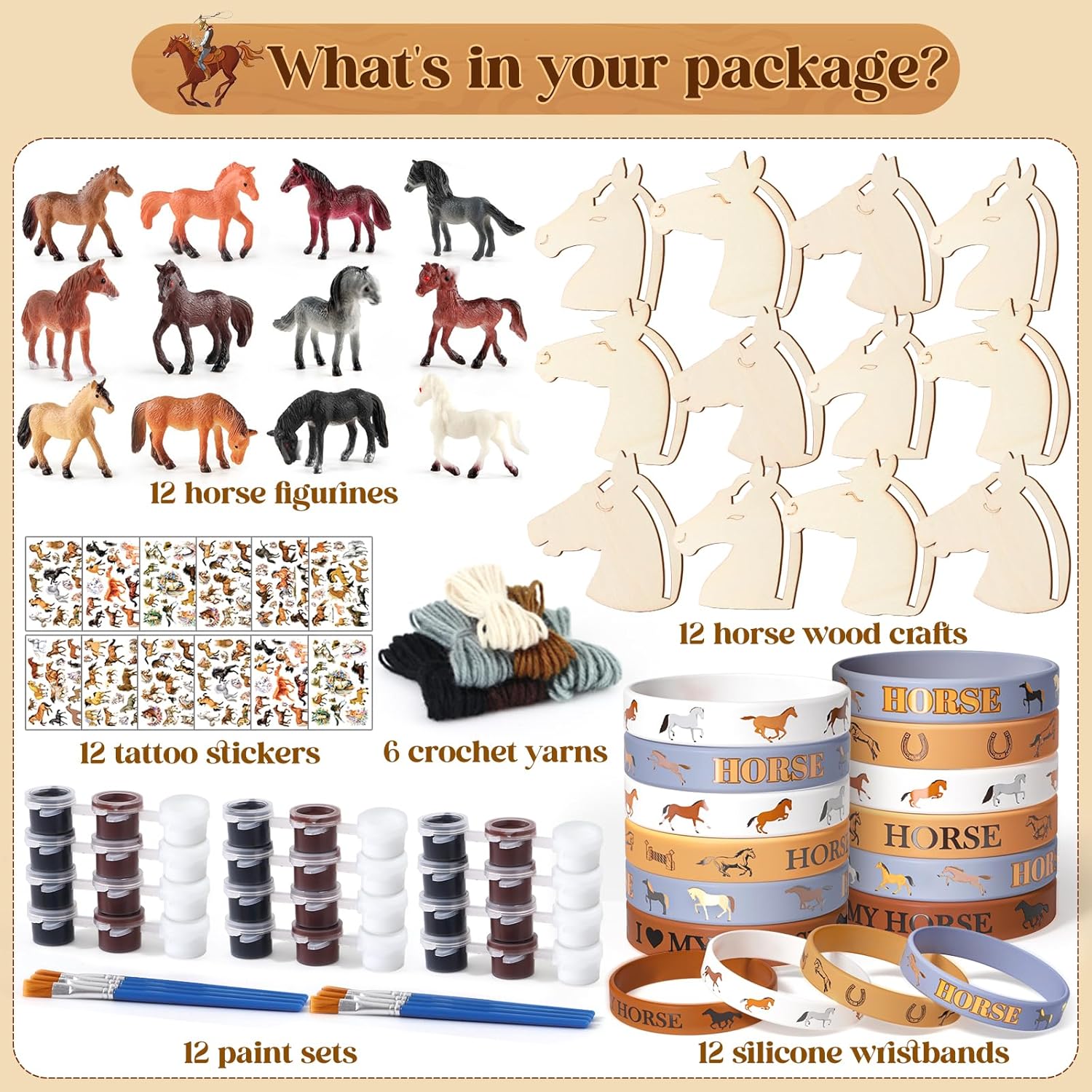 Winrayk Horse Party Favors Birthday Supplies for Kids, Horse Craft Painting Kit Yarn Figurine Silicone Wristband Tattoo Sticker, Goodie Bag Fillers Toys Gifts Western Cowboy Cowgirl Party Favors Decor