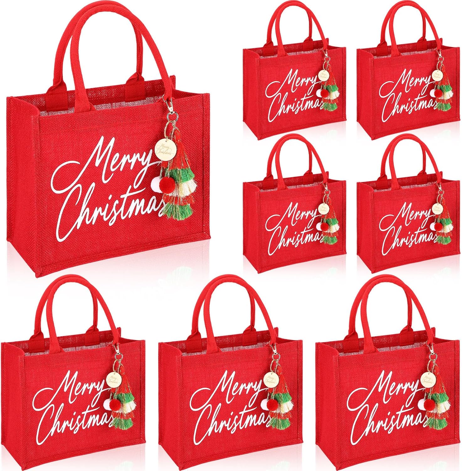 Sadnyy 8 Set Personalized Large Christmas Bags with Handles Xmas Red Reusable Burlap Tote with Tassel Pendant Keychains Merry Christmas Bags for Women Xmas Holiday Present 12.2 x 9.84 x 5.91 Inch