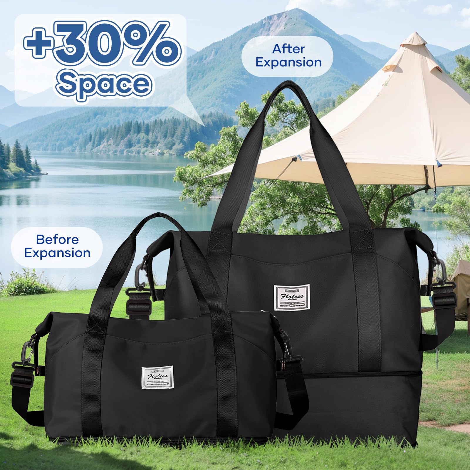 SEAFEW Sac de Voyage 40x30x20 Femme Sac fourre-Tout de Sport Imperméable pour Week-End, Cabine Avion Ryanair Bagage Cabine Easyjet Extensible pour Travel Gym Danse,J1-Noir